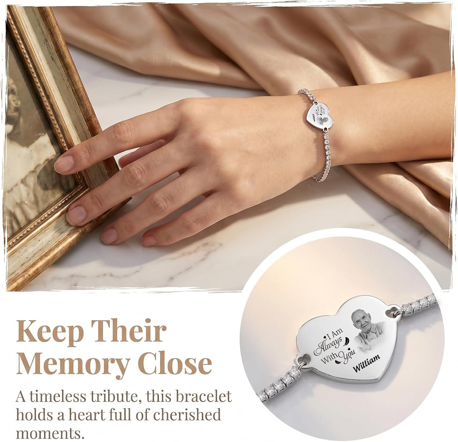 Custom Photo Memorial Bracelet – Personalized Heart Charm Keepsake Jewelry with Engraved Picture & Name, Stainless Steel “I Am Always With You” Commemorative Gift for Loved Ones - Image 3