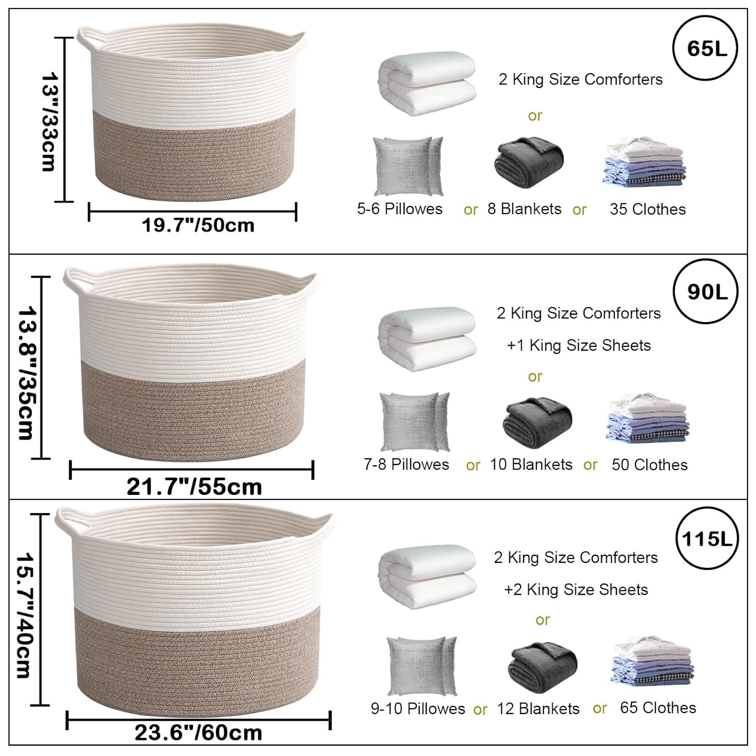 Large Woven Blanket Basket,65L Cotton Rope Laundry Basket Hamper with Handles, Decorative Nursery Basket Storage Bin for Toys, Clothes Organizer, Living Room, Bedroom, Bathroom, White & Brown - Image 2