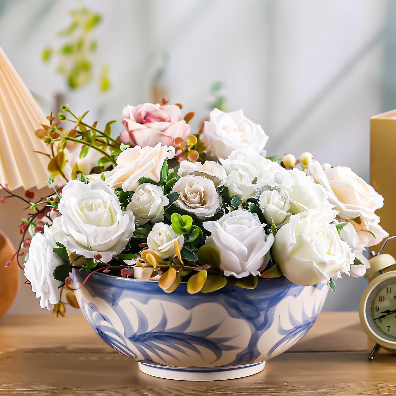 Maxdot Blue and White Bowl 10 x 5 Inch Large Hand Painted Stoneware Decorative Vase Bowl with Floral Chinoiserie Ceramic Design for Kitchen Centerpiece Creative Home Decor - Image 3