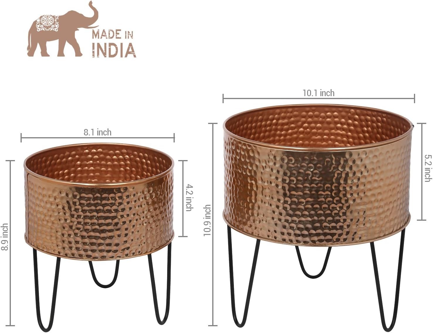 MyGift Modern Hammered Copper Tone Planter Pot, 8 and 10 Inch Metal Round Plant Container with Matte Black Wire Stand, Set of 2 - Handcrafted in India - Image 5