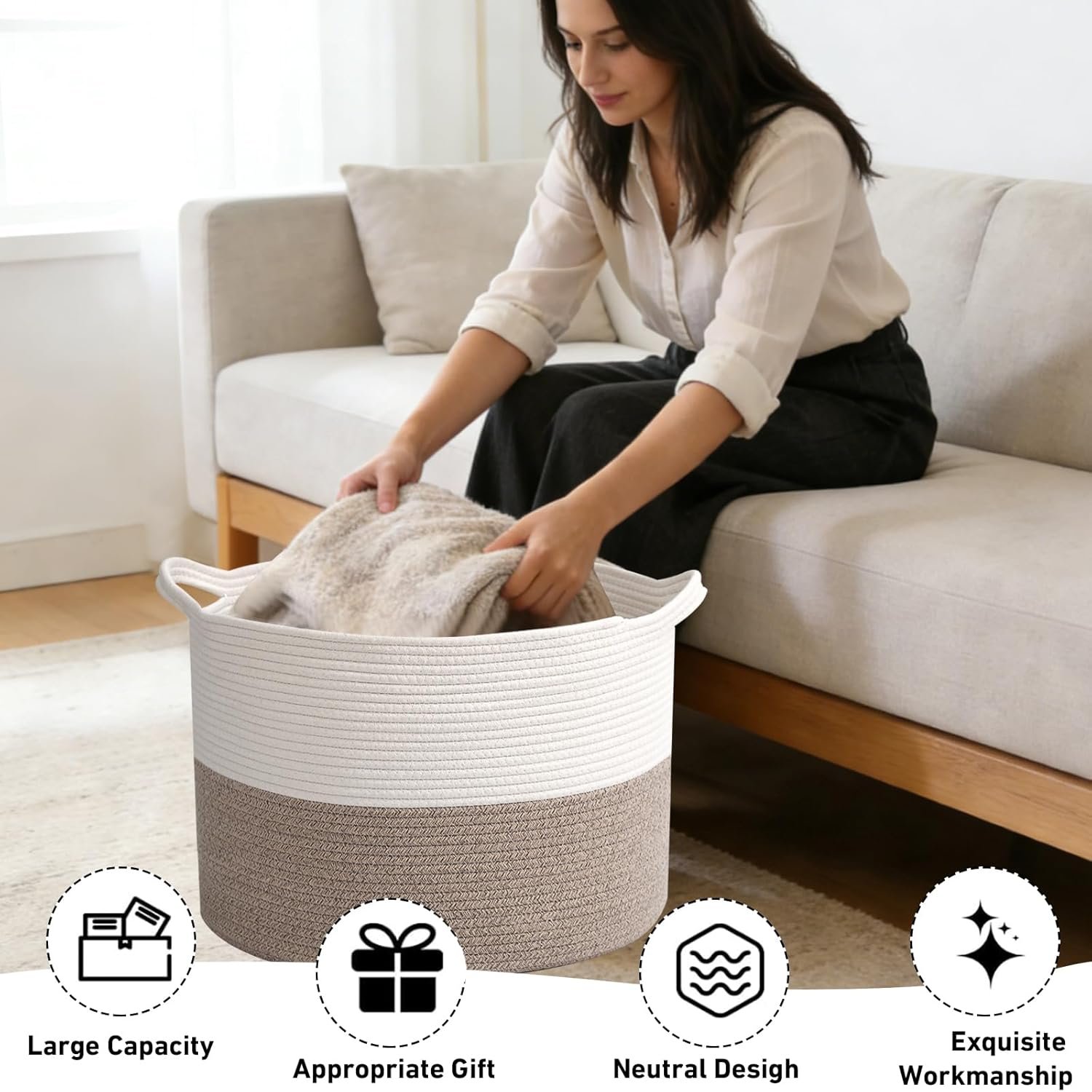 Large Woven Blanket Basket,65L Cotton Rope Laundry Basket Hamper with Handles, Decorative Nursery Basket Storage Bin for Toys, Clothes Organizer, Living Room, Bedroom, Bathroom, White & Brown - Image 6