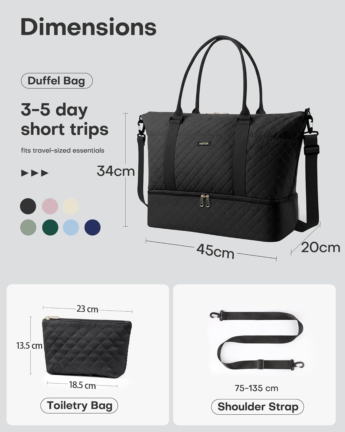 HOTOR Travel Duffel Bag - Large Weekender Bags for Women, Carry On Bag with Shoe Compartment, Overnight Bag with Toiletry Bag for Travel Essentials and Travel Accessories, Black, 34.0 x 45.0 x 20.0 cm - Image 3