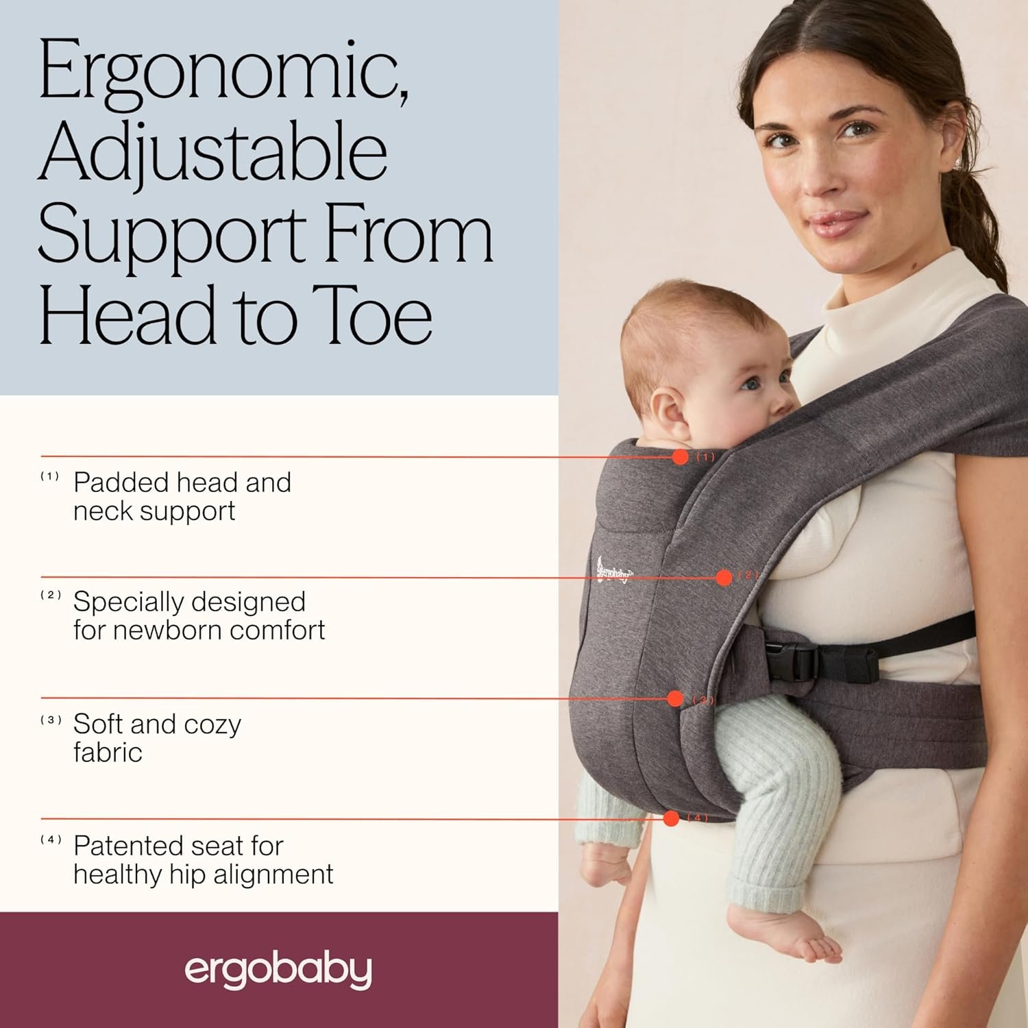 Ergobaby Embrace Newborn Baby Carrier for Infants 0-12 Months (7-25 lbs) - Ergonomic 2-Position Infant Carrier with Head and Neck Support, Hip-Healthy Positioning - Cream - Image 3