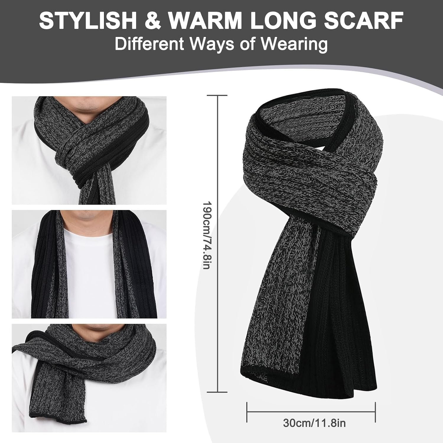 floconssy Men's Scarf Hats Gloves Sets Winter Gifts, 3 PCS Fleece Lined Beanie Warm Long Scarves for Cold Weather Christmas - Image 4