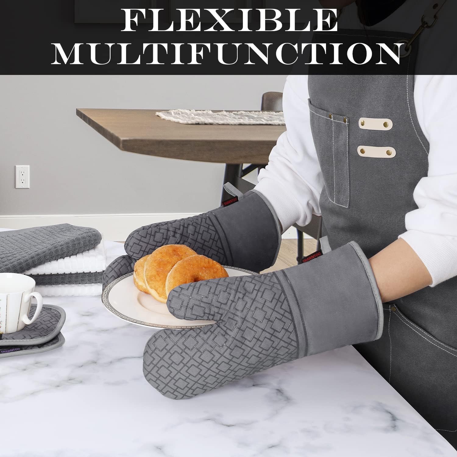 Oven Mitts and Pot Holders Sets 6pcs, Kitchen Oven Glove,High Heat Resistant 550 Degree Extra Long Oven Mitts and Potholders with Non-Slip Silicone Surface for Home Essentials (Grey) (Gray) - Image 4
