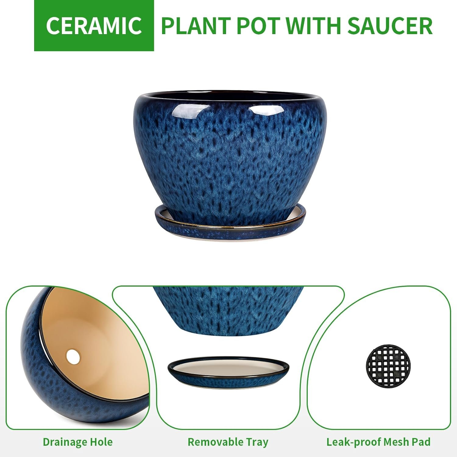 Deep Dream 10 Inch Plant Pot- Ceramic Planter Pot Round Plant Pots for Indoor Plants Outdoor Large Flower Pot with Drainage Holes & Trays, Blue - Image 6