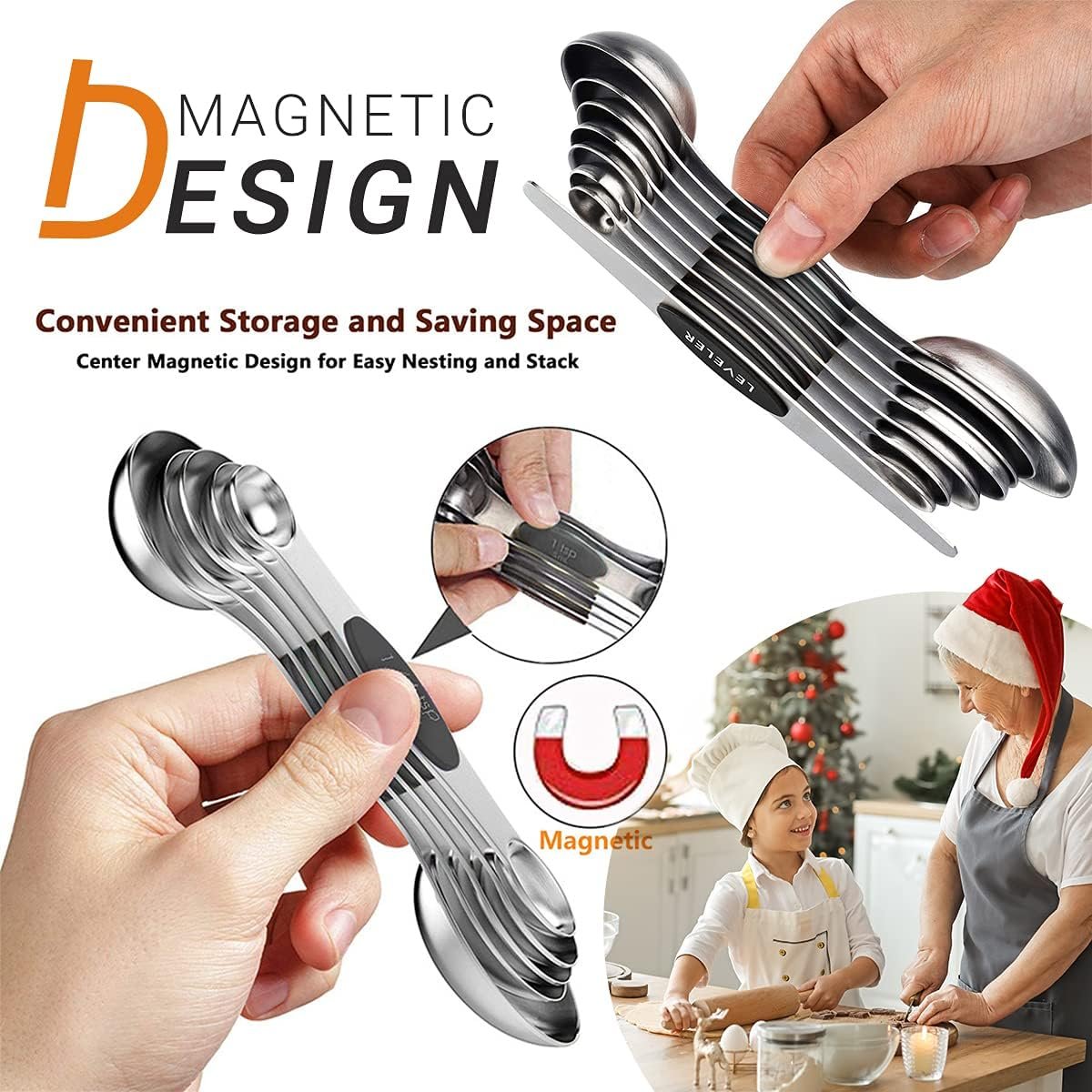 DILISS Magnetic Measuring Spoons Set, Dual Sided, Stainless Steel, Fits in Spice Jars, Set of 8 for Measuring Dry and Liquid Ingredients (Black) - Image 2
