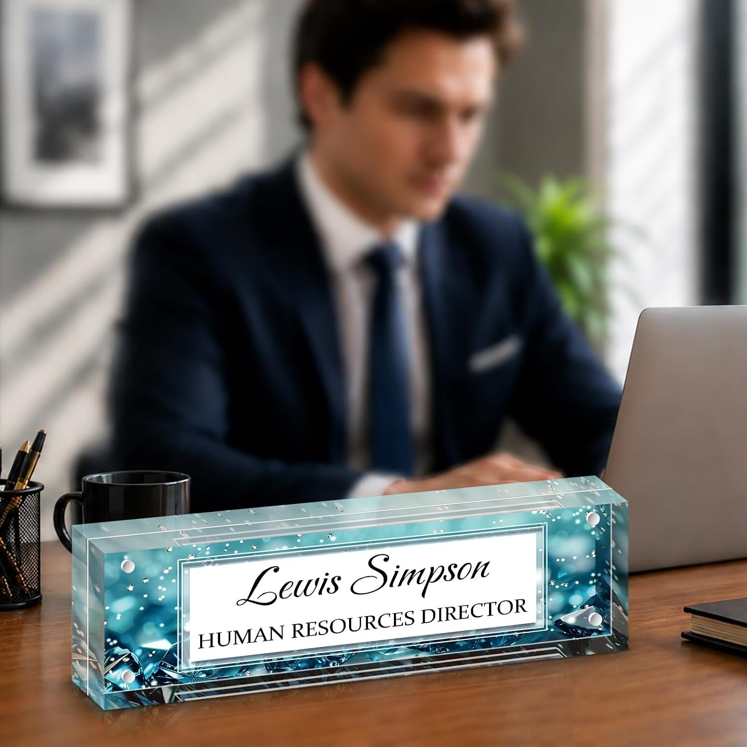 Custom Name Plate for Desk, Office Desk Double sided pattern Name Plate Personalized Office Desk Decor for Women and Men, Teacher Nurse Boss Employee Appreciation Gifts (green gemstone, UV pattern)