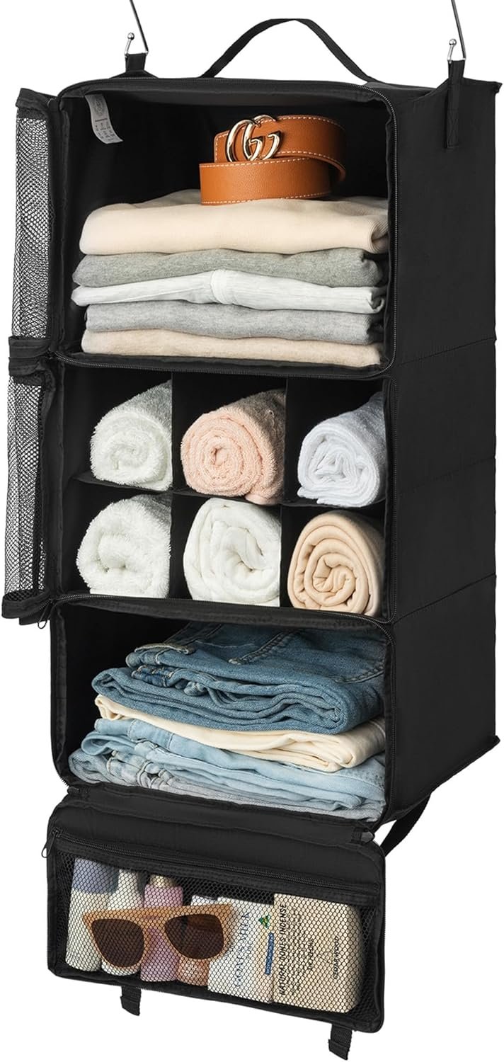 GRANNY SAYS 3-Shelf Travel Hanging Organizer, Compression Hanging Packing Cubes Suitcase Organizer, Portable Hanging Shelves with Mesh Window, Hanging Clothes Organizer and Storage, Travel Essentials