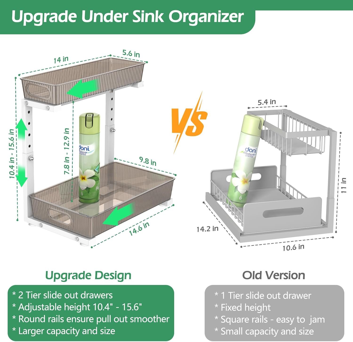 ADRIMER Under Sink Organizer 2 Packs, Pull Out Kitchen Sink Organizer Height Adjustable, 2 Tier Slide Out Kitchen Organizers and Storage Metal Cabinet Storage Shelf, Grey & White - Image 2
