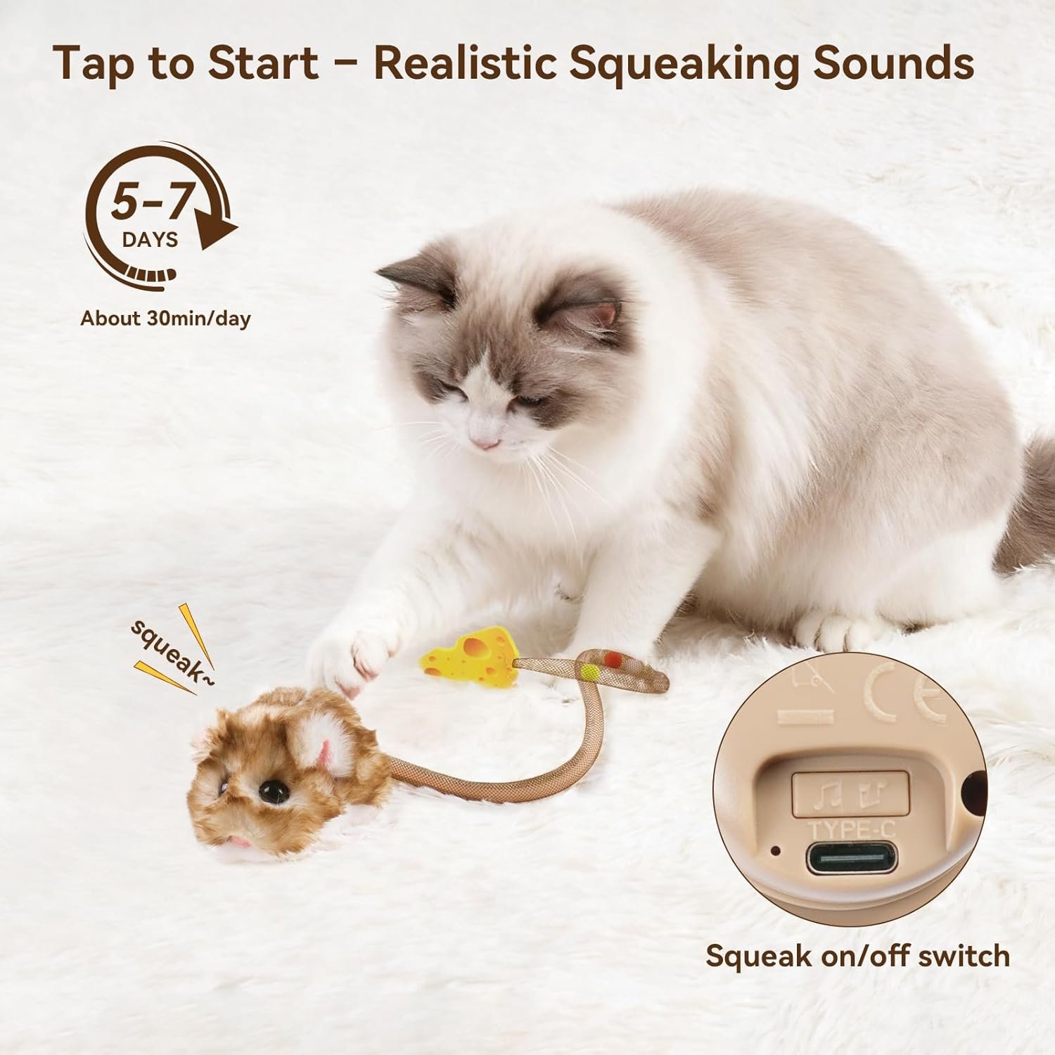 Migipaws Interactive MigiMouse Cat Toy 360° Rolling & Spin with Wiggling Tail for Indoor Cats Smart Motion Sensor, Realistic Squeak, Rechargeable Plush Kitten Toy (Brown Long Plush) - Image 4