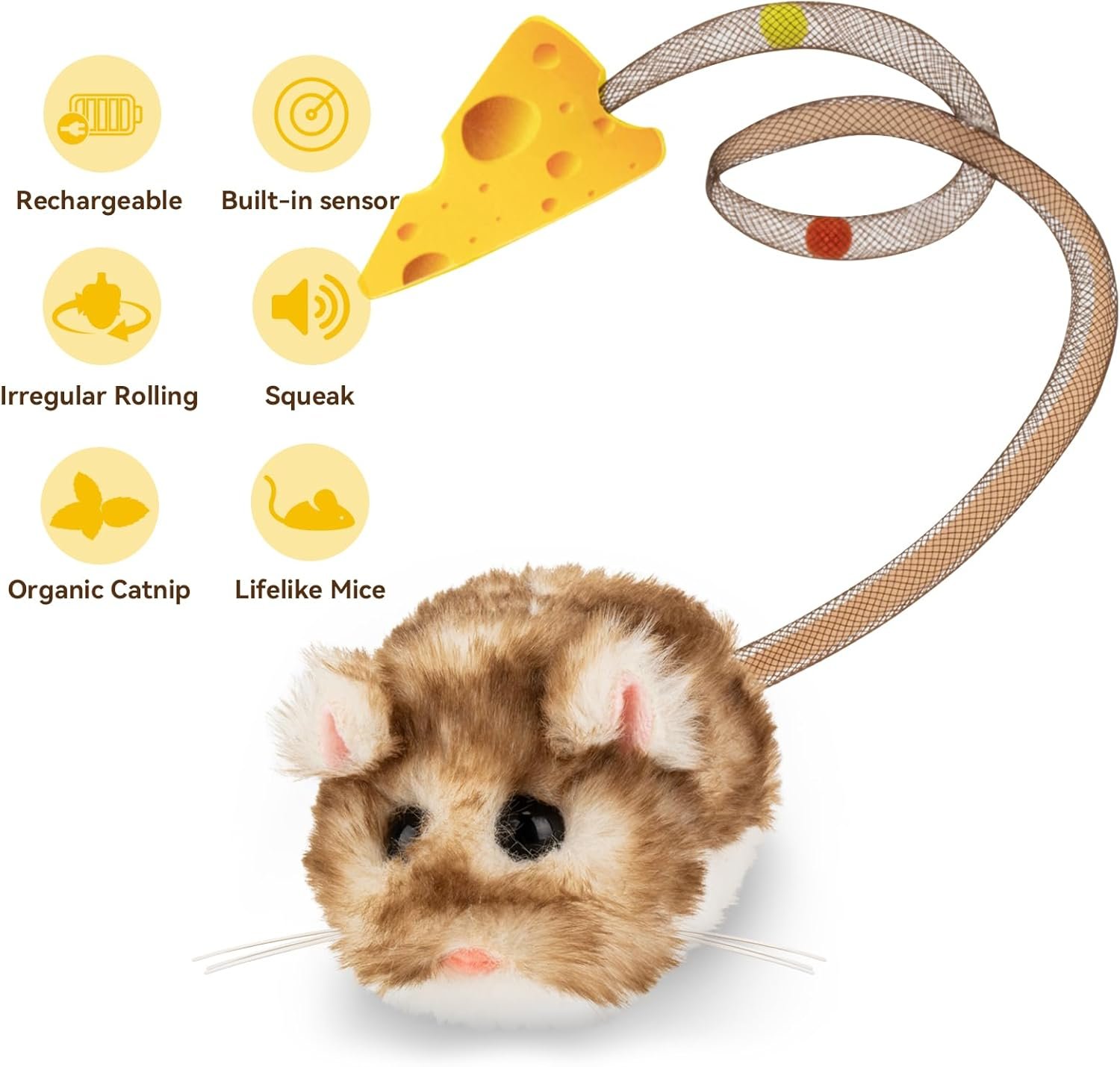 Migipaws Interactive MigiMouse Cat Toy 360° Rolling & Spin with Wiggling Tail for Indoor Cats Smart Motion Sensor, Realistic Squeak, Rechargeable Plush Kitten Toy (Brown Long Plush) - Image 5