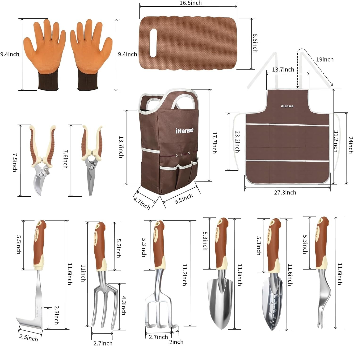 Brown Gardening Tools Set 12-Piece, Heavy Duty Garden Hand Tool Kit with Non-Slip Ergonomic Handle, Storage Tote Bag, Garden Apron, Gloves and Kneeling Pad, Gardening Gifts for Women Men Plant Lover - Image 2