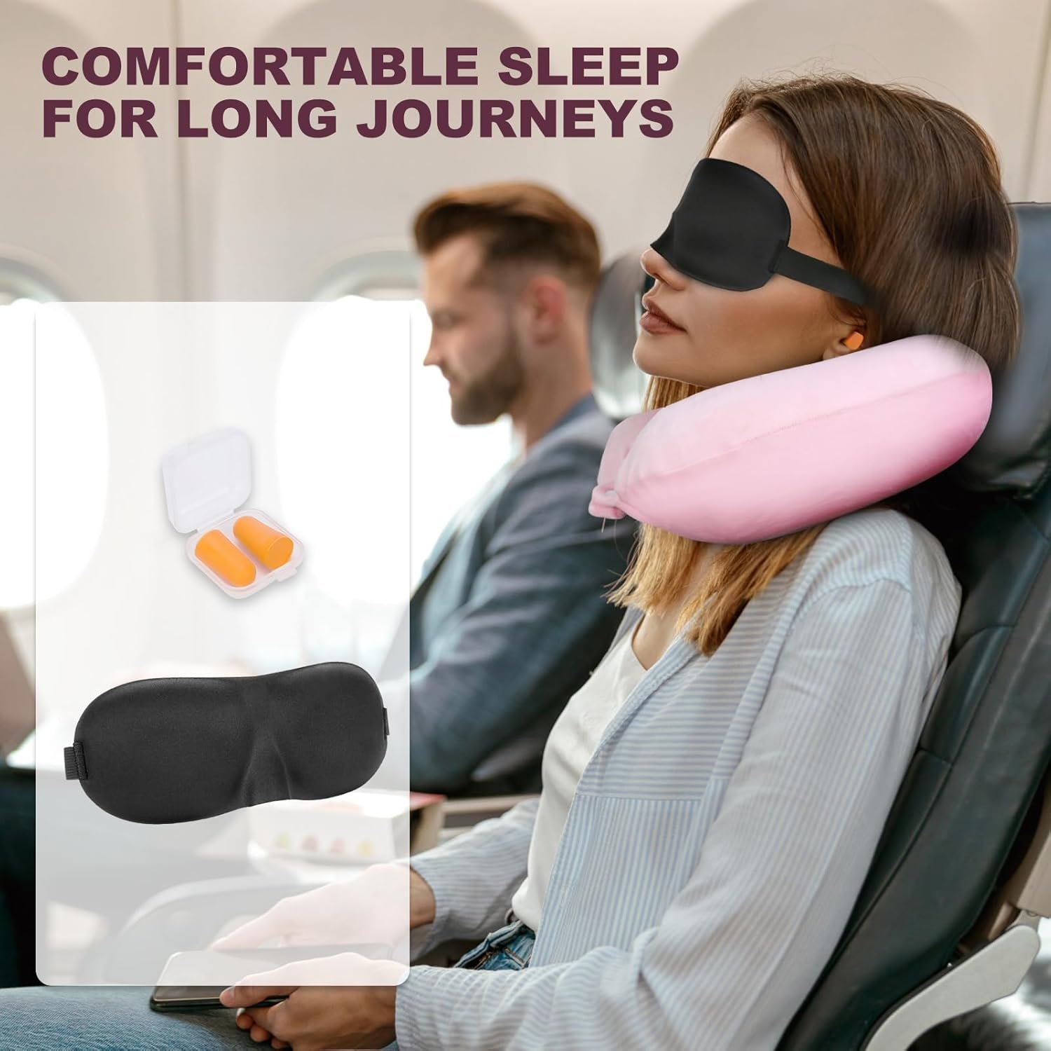 Cirorld Inflatable Travel Pillow for Airplanes, Compact Travel Neck Pillow with Eye Mask and Earplugs, Lightweight Neck Support Travel Pillows for Long Flight, Road Trip, Pink - Image 6