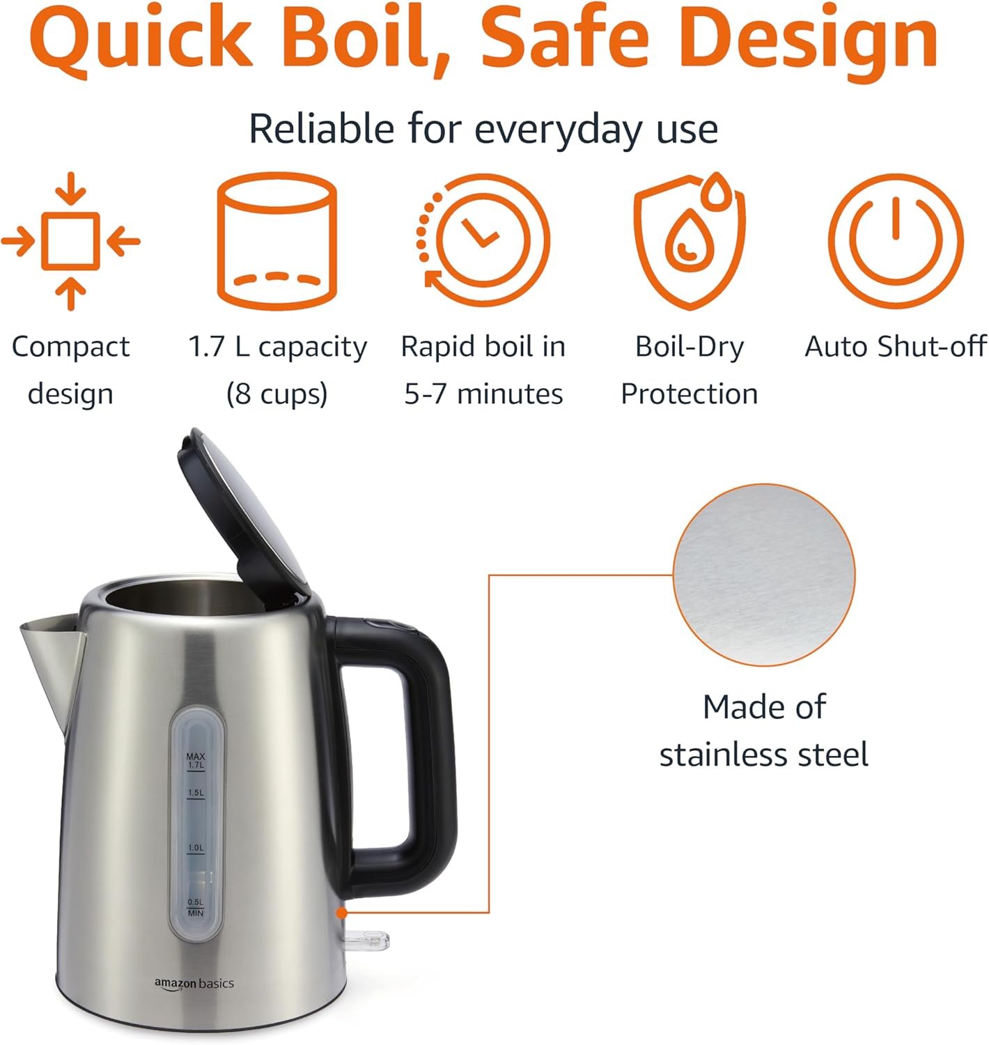 Amazon Basics Electric Stainless Steel Kettle for Tea and Coffee, BPA-Free, Fast Boiling, Auto Shut-Off, Boil-Dry Protection, 1.7 Liter, 1500W, Black and Silver - Image 2
