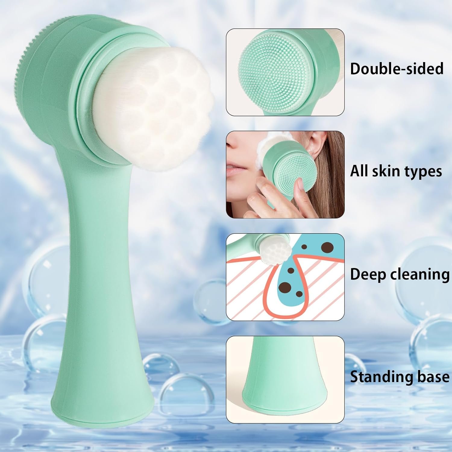 Face Brush 2 in 1, Silicone Facial Cleansing Exfoliating Brush Soft Bristles Pore Deep Cleansing, Jade Face Roller Skin Care Tools, Manual Dual Face Wash Scrub Brush For Massaging, Blue+Green - Image 2