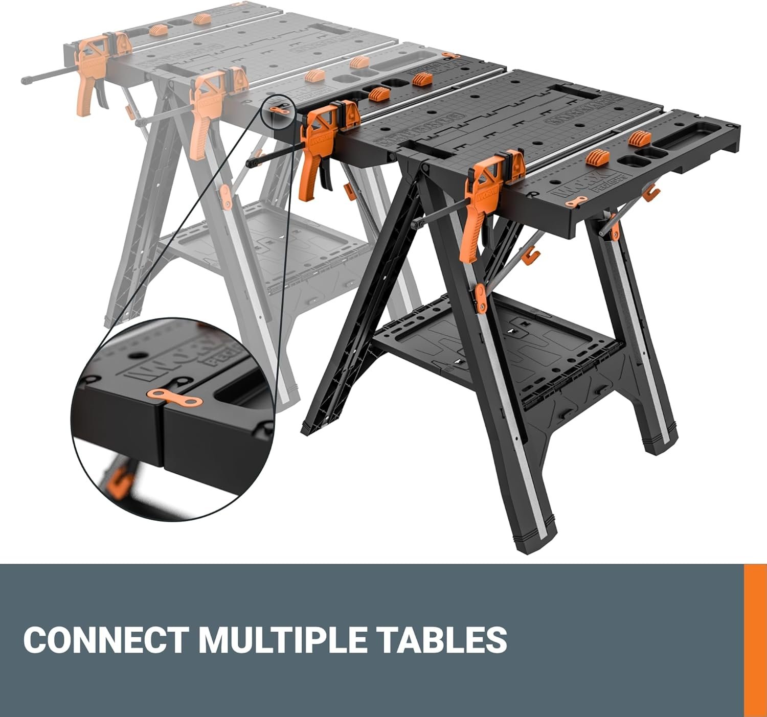 Worx Pegasus 2-in-1 Folding Work Table & Sawhorse, Easy Setup Portable Workbench, 31" W x 25" D x 32" H Lightweight Worktable with Heavy-Duty Load Capacity, WX051 - Includes 2 Clamps & 4 Clamp Dogs - Image 9