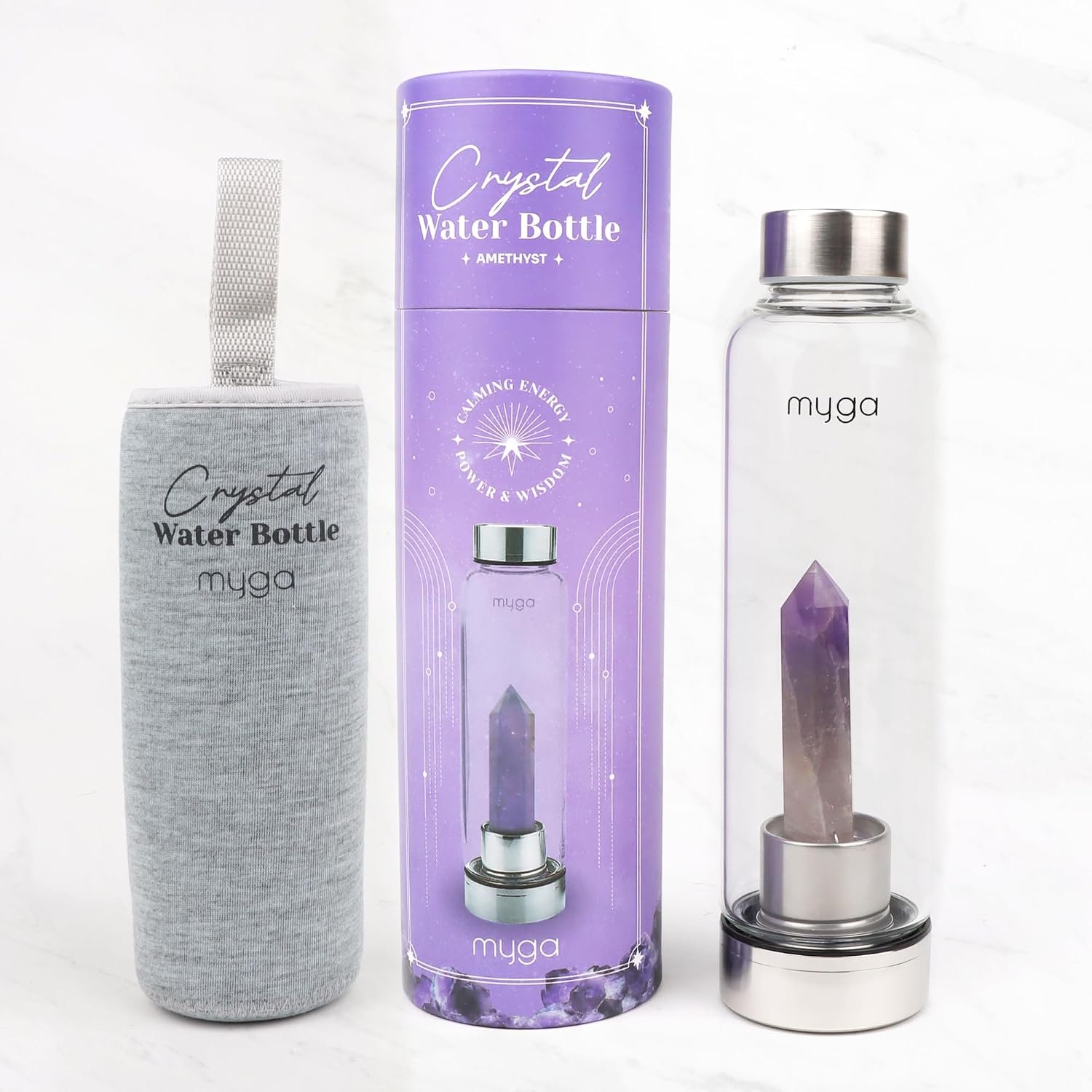 Myga Amethyst Crystal Water Bottle,16.9OZ 500ml Glass Drinks Bottle with Natural Healing Crystal and Neoprene Sleeve for Wellness and Self-Care for Gemstone - Image 2