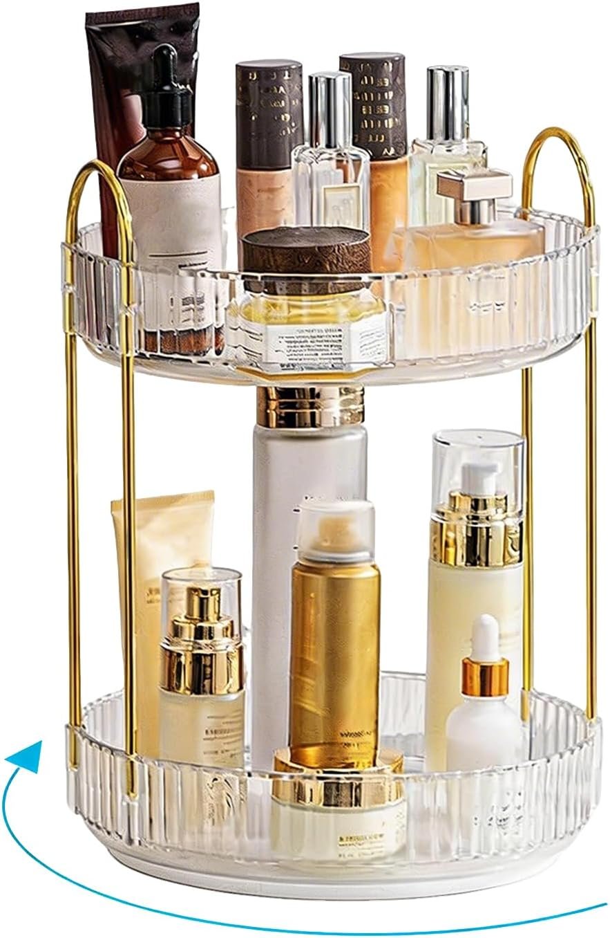 Rotating Makeup Organizer, 2 Tier Large Capacity Perfume Organizer, Cosmetic Organizer for Vanity Bathroom Bedroom, White