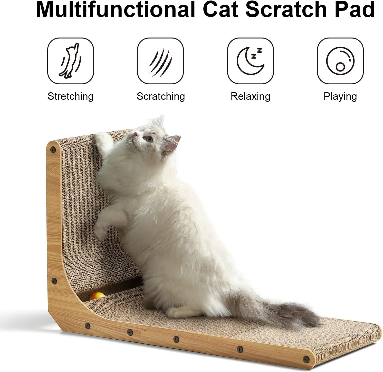 FUKUMARU Cat Scratcher, 68 CM L Shape Cat Scratch Pad Wall Mounted, Cat Scratching Cardboard with Ball Toy for Indoor Cats, Large Size - Image 2