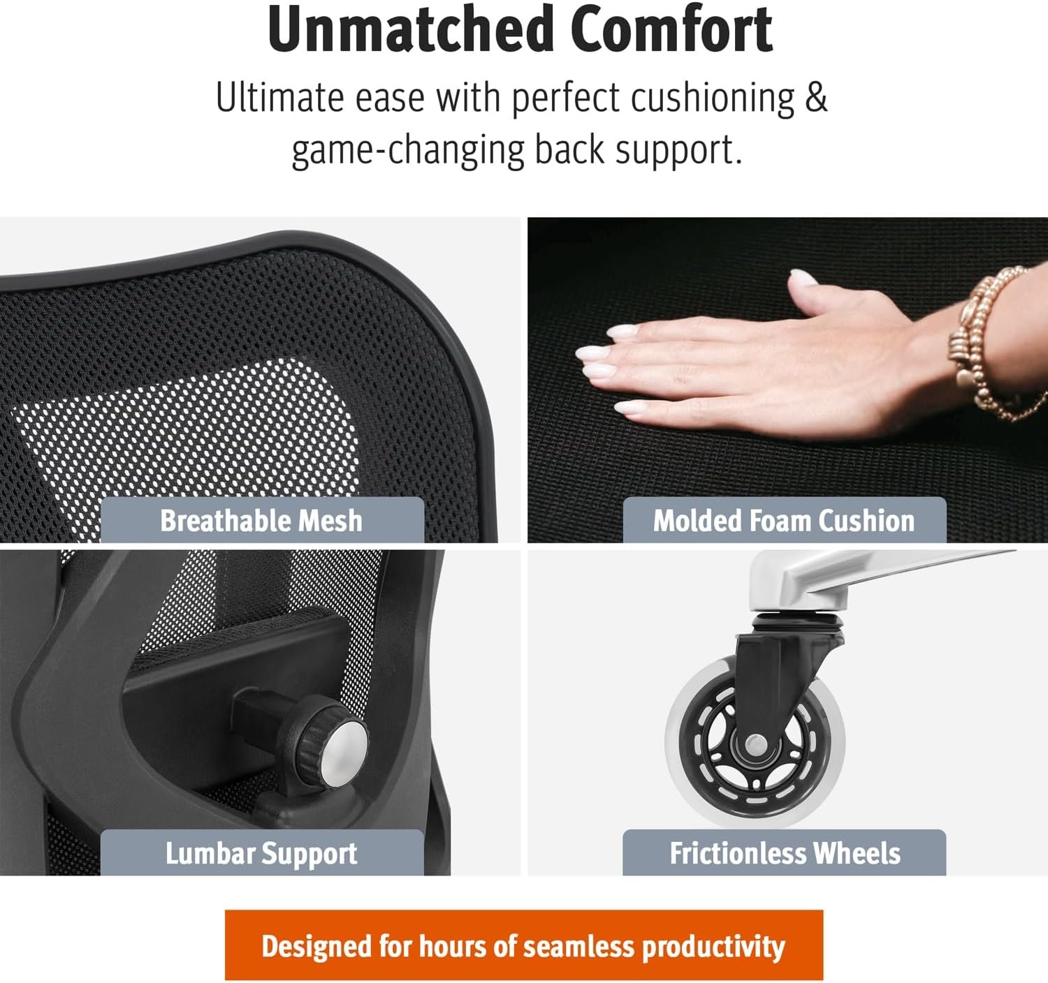 Duramont Ergonomic Office Chair | Adjustable Desk Chair with Lumbar Support and Rollerblade Wheels | High Back Chair with Breathable Mesh | Thick Seat Cushion - Image 6