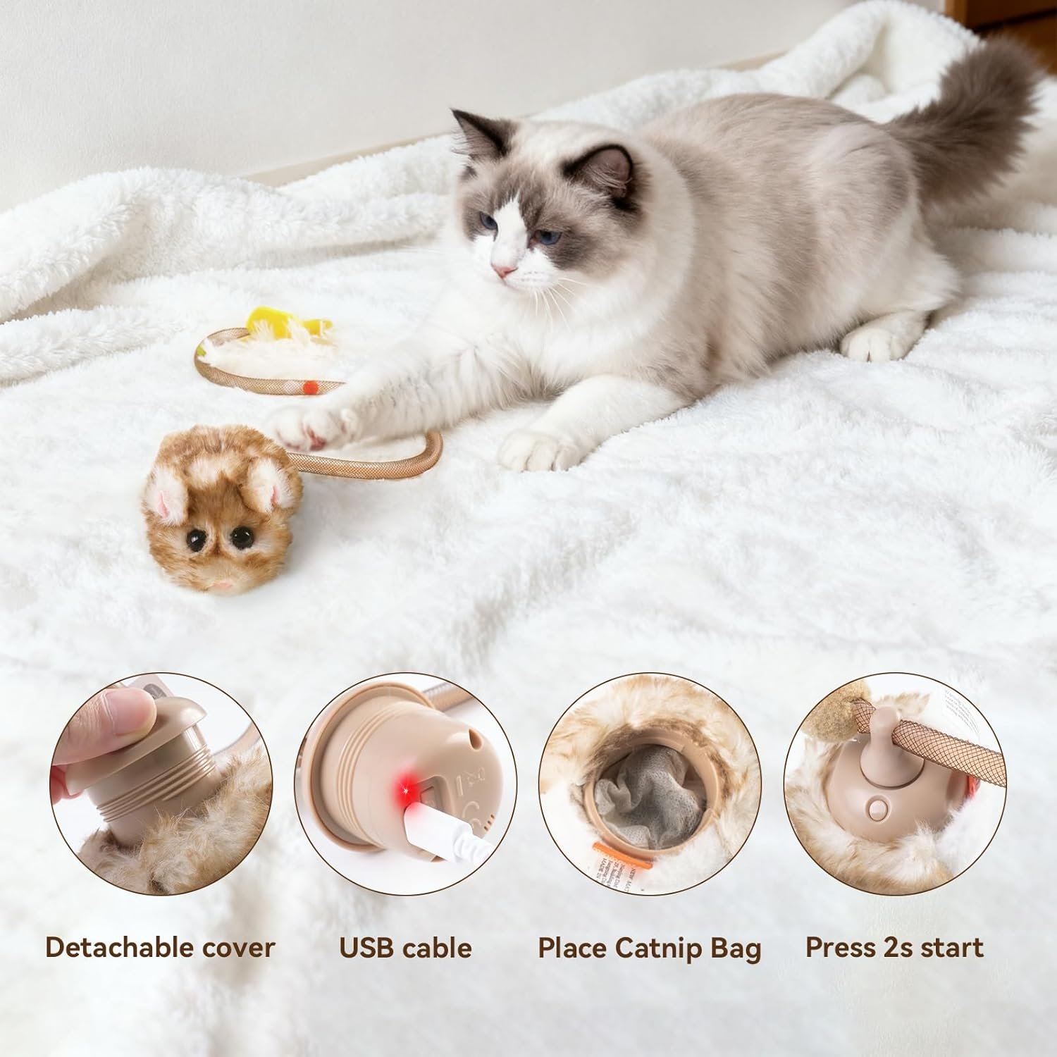 Migipaws Interactive MigiMouse Cat Toy 360° Rolling & Spin with Wiggling Tail for Indoor Cats Smart Motion Sensor, Realistic Squeak, Rechargeable Plush Kitten Toy (Brown Long Plush) - Image 7