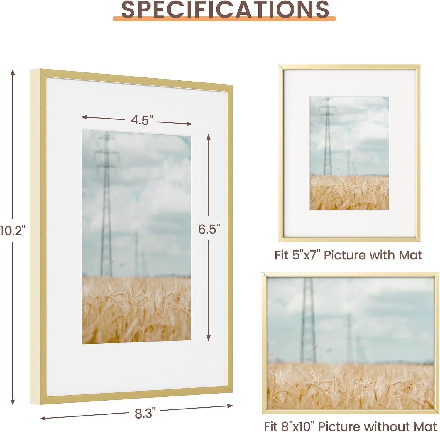 Fun Memories 8x10 Picture Frame, Gold Aluminum 8x10 Poster Frames with 5x7 Removable Mat with Plexiglass, Vertical and Horizontal Display, Wall Hook Hanging, Set of 1 - Image 3