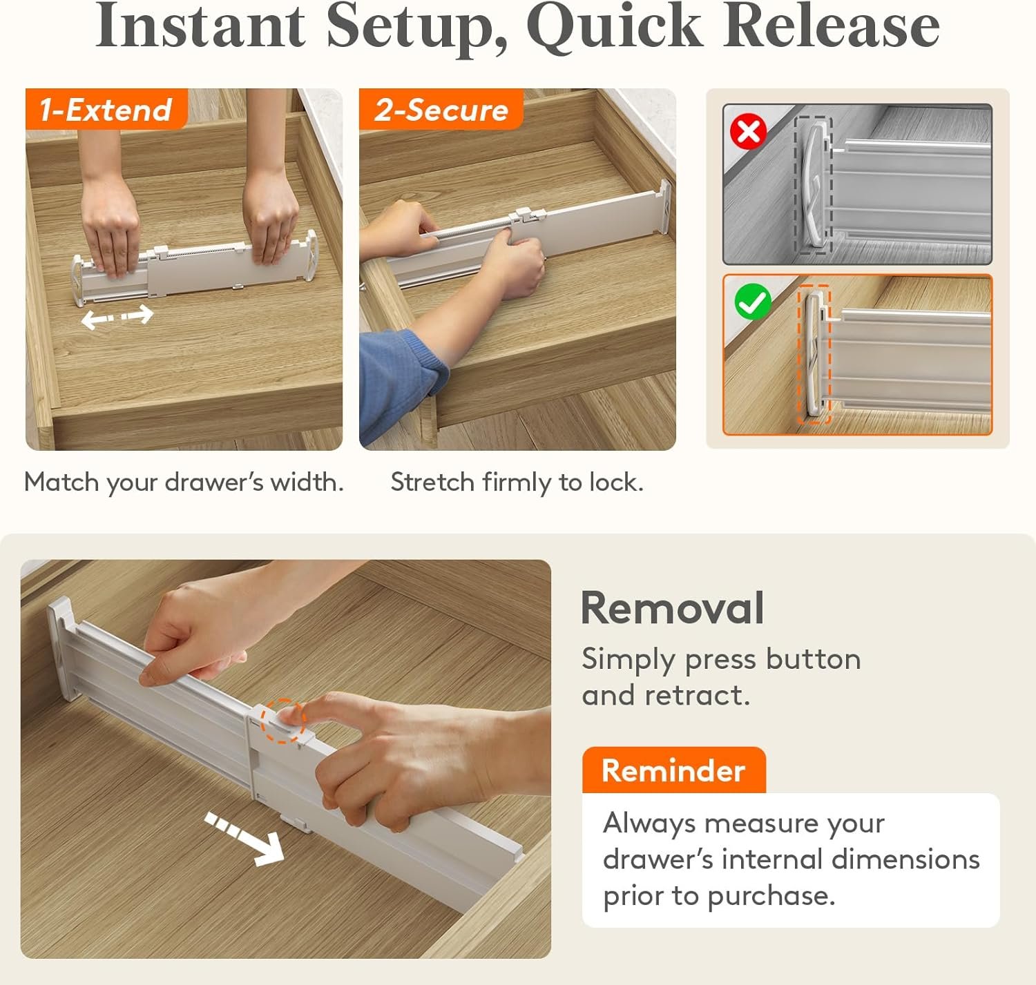 Lifewit 3.2" Tall 4 Pack Drawer Dividers, 10.5-16.5" Adjustable Drawer Organizers for Clothes, Expandable Dresser Drawer Organizers, Drawers Separators for Dresser, Bedroom, Kitchen, Vanity, White - Image 5