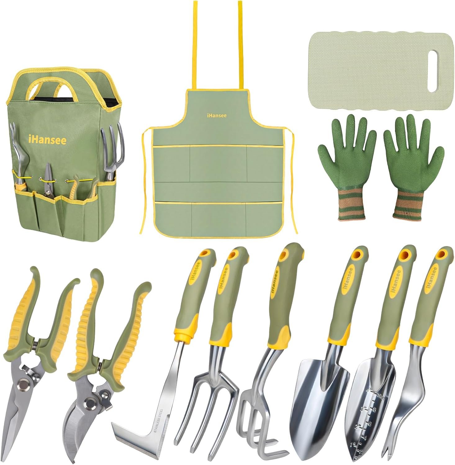 Set of 12 Garden Tools, iHansee Heavy-Duty Aluminum Gardening Tools Set with Rubber Non-Slip Handle, Garden Apron, Gloves, Kneeling Pad & Storage Bag, Ideal Gardening Gifts for Women Men Gardeners