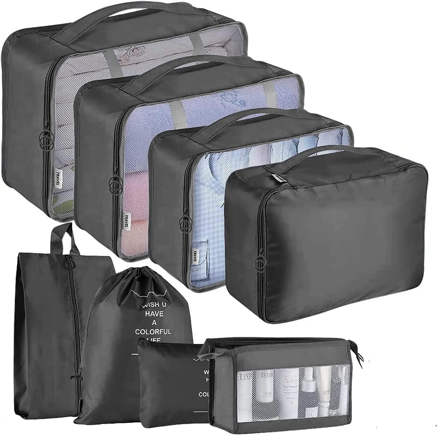 8 Set Packing Cubes - Waterproof Mesh Travel Luggage Packing Organizer with Shoes Bag(Black)