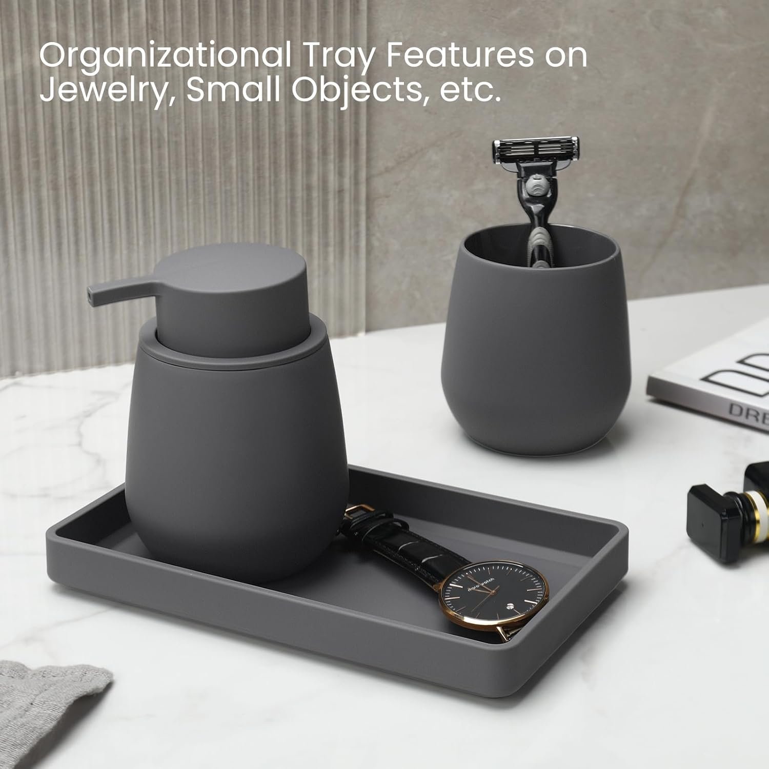 Gray Bathroom Accessories Set, Modern 3 Pcs Bathroom Essentials - Soap Dispenser, Toothbrush Holder & Tray, Countertop Vanity Organizer (Gray) - Image 6