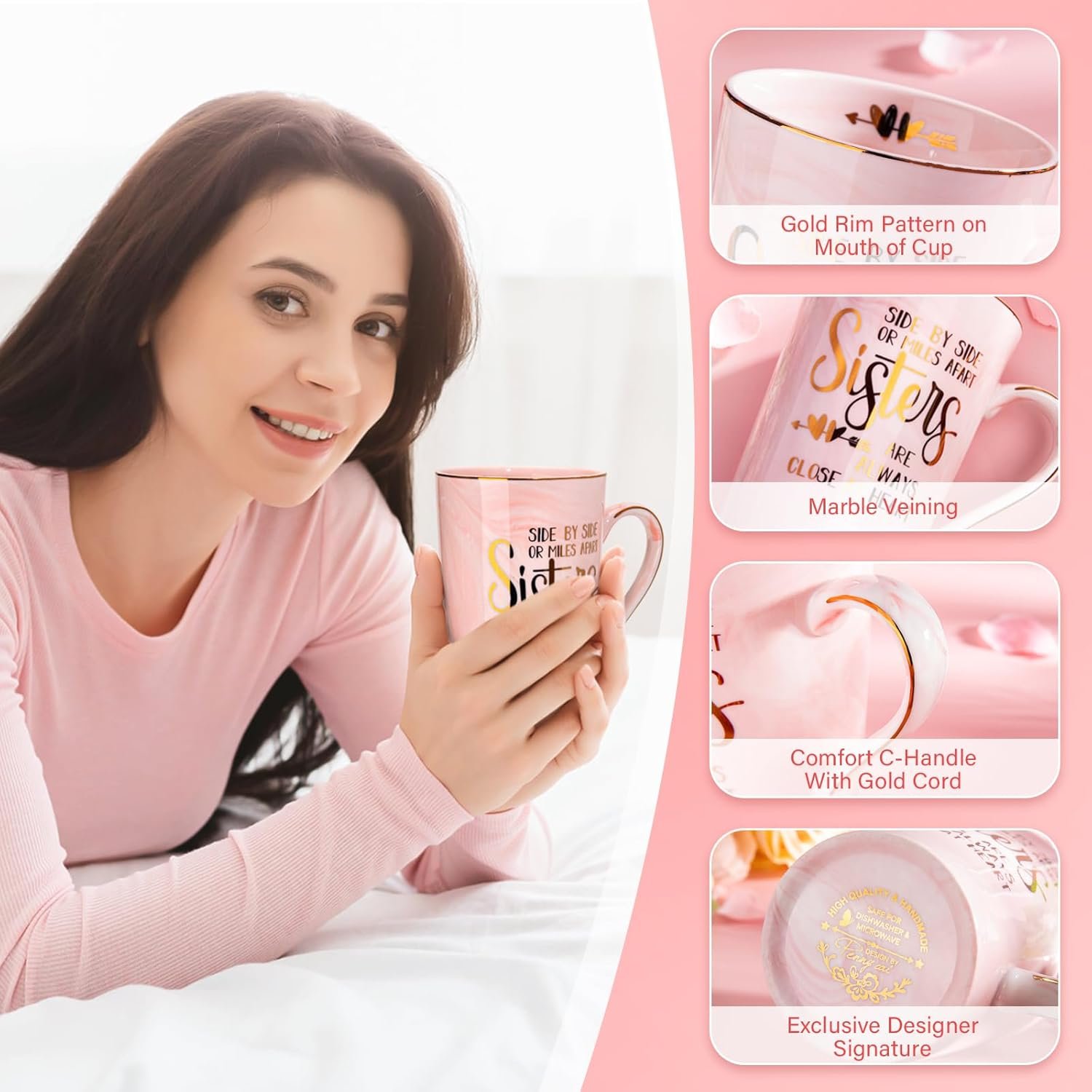 Sister Birthday Gifts - Sister Gifts for Sisters from Brother Sisters, 14Oz Pink Marble Ceramic Coffee Cup with Gold Print Coffee Mug with Spoon Lid Card Nice Box - Image 3