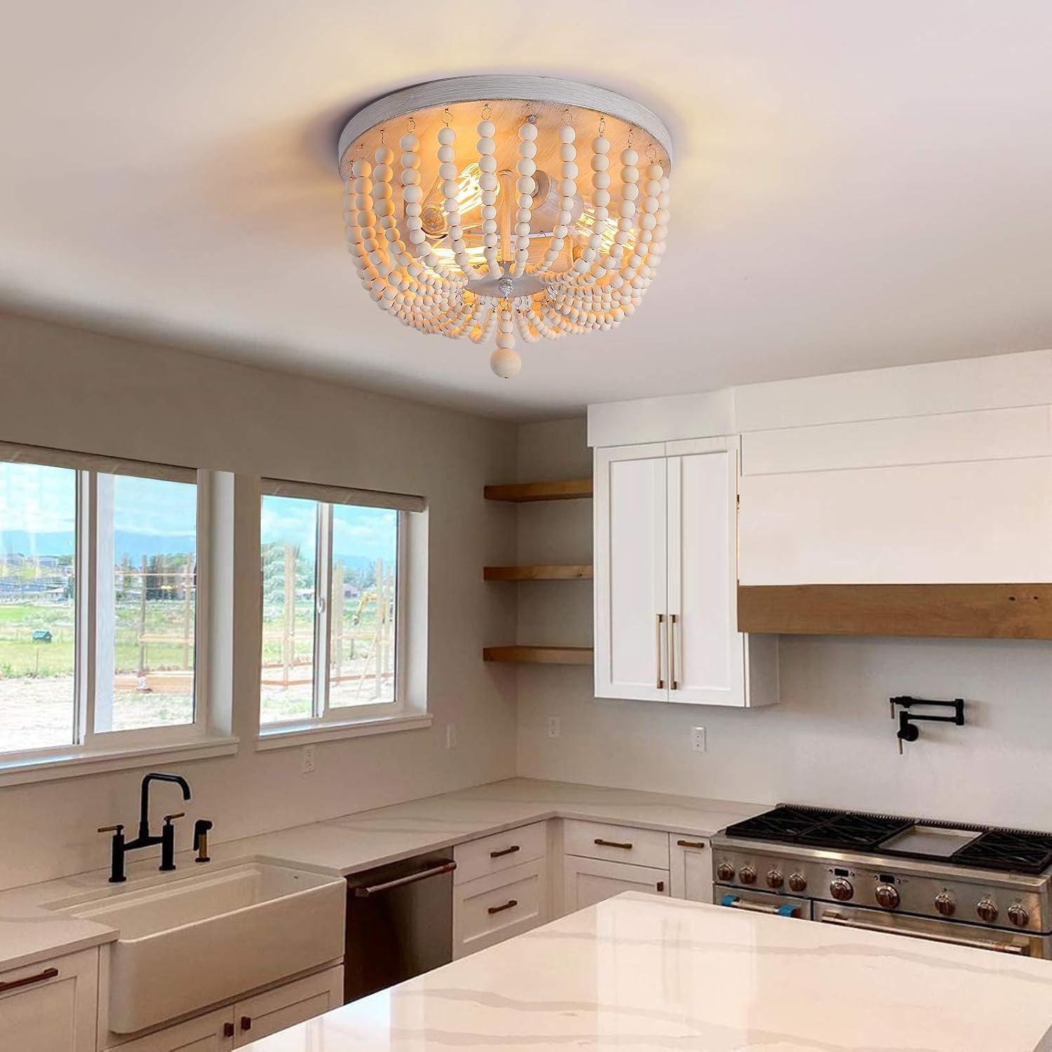 Q&S Wood Beaded Chandelier,Boho Farmhouse Light Fixture,Oak White,3 Lights,Semi Flush Mount Ceiling Light Fixtures for Hallway Baby's Nursery Bedroom Kitchen Living Room - Image 5