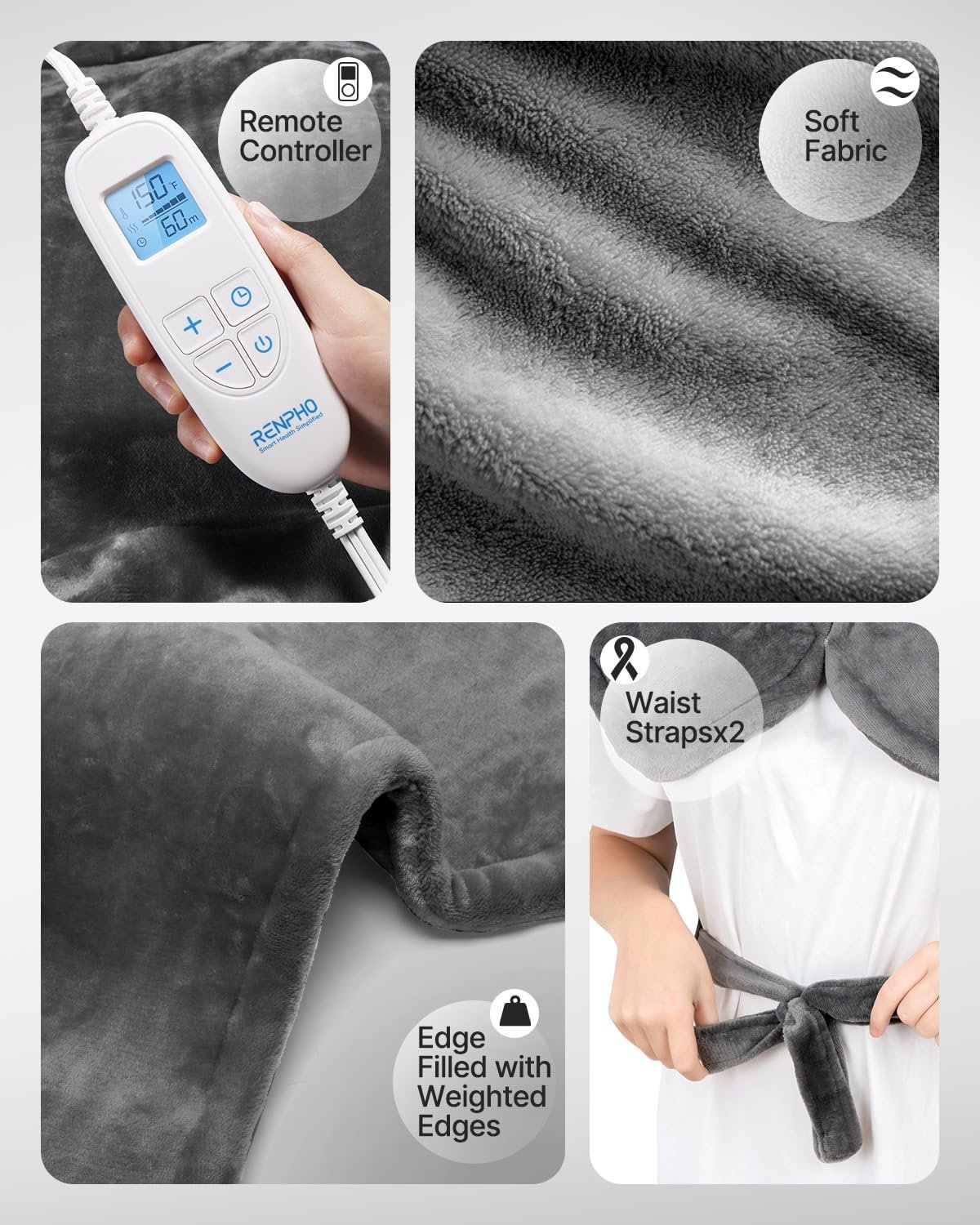 RENPHO Fathers Day Dad Gifts, Electric Heating Pad - 6 Heat Levels for Neck Shoulder and Back, Birthday Gifts for Women Men, Weighted Pad for Snug Fit, ETL Certified, FSA Eligible, 24"x33" Gray - Image 10
