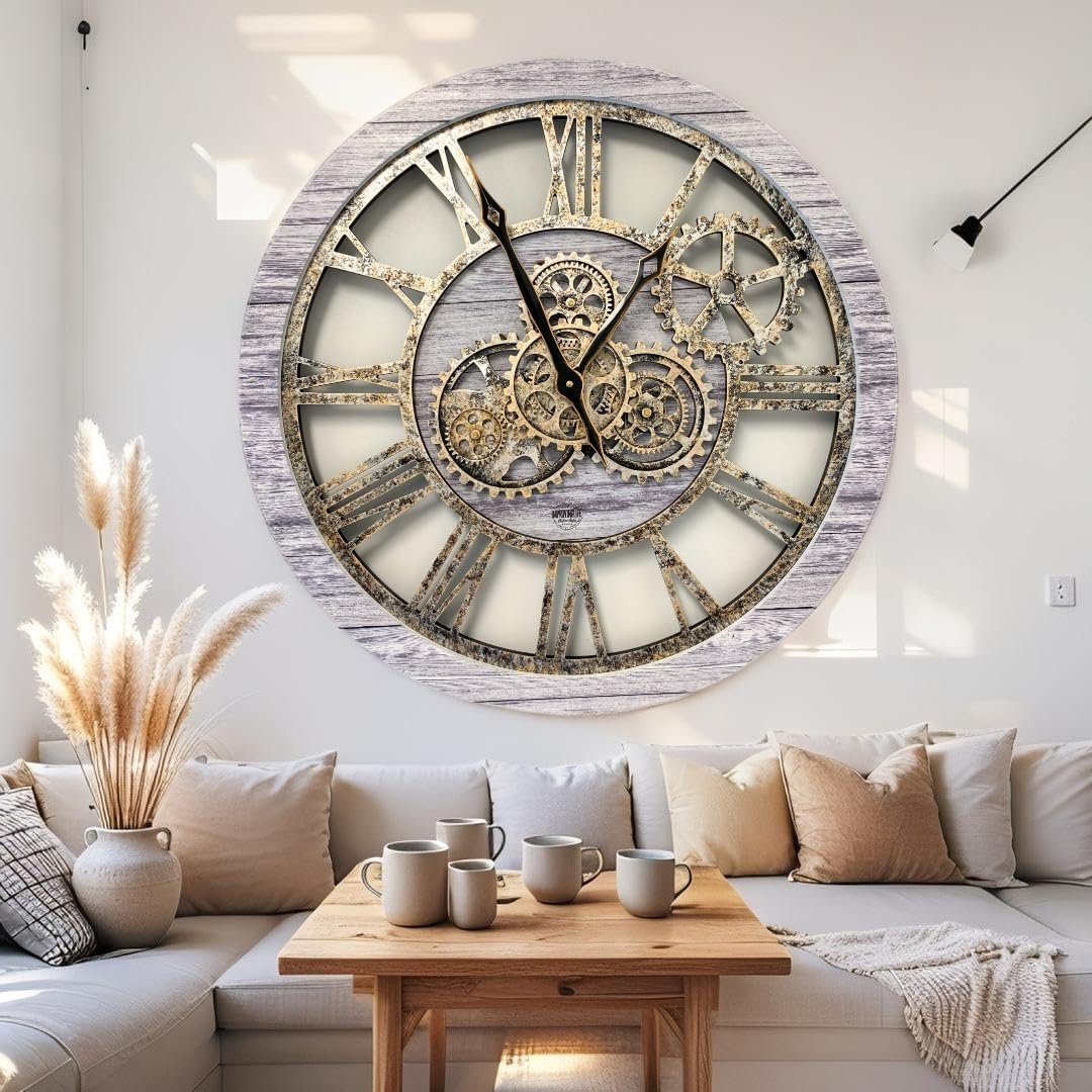 The Gear Clock - The Original Real Gears Moving Vintage Industrial Large Size Rustic Wall Clock (24 Inch, 60 cm), Silver Grey - Image 5