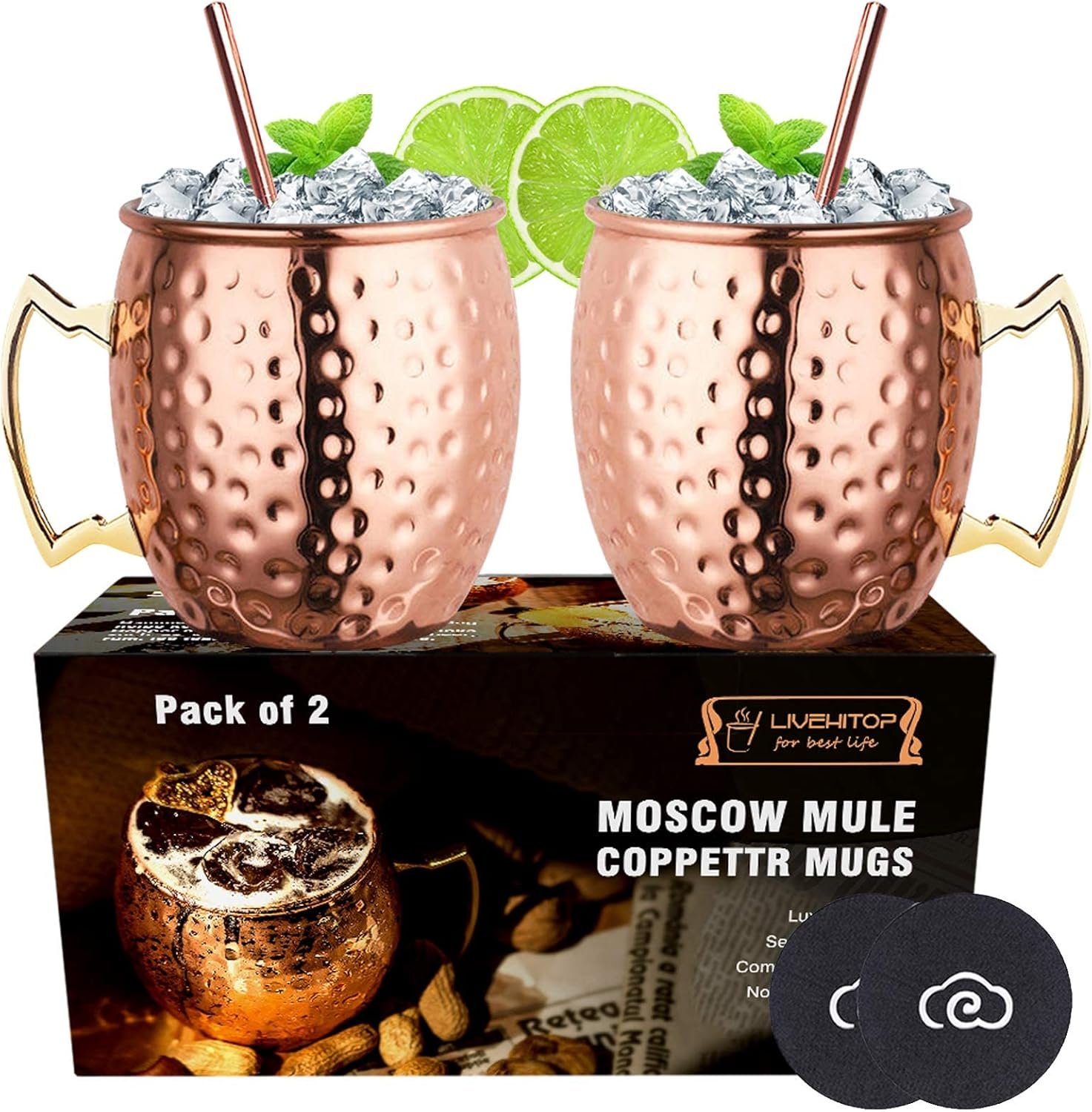 LIVEHITOP Moscow Mule Copper plated Mugs Set of 2, Copper Cups 19.5 Oz Cocktail Kit with Straw Coaster for Wine, Beer, Cold Drink, Bar, Party, Gifts