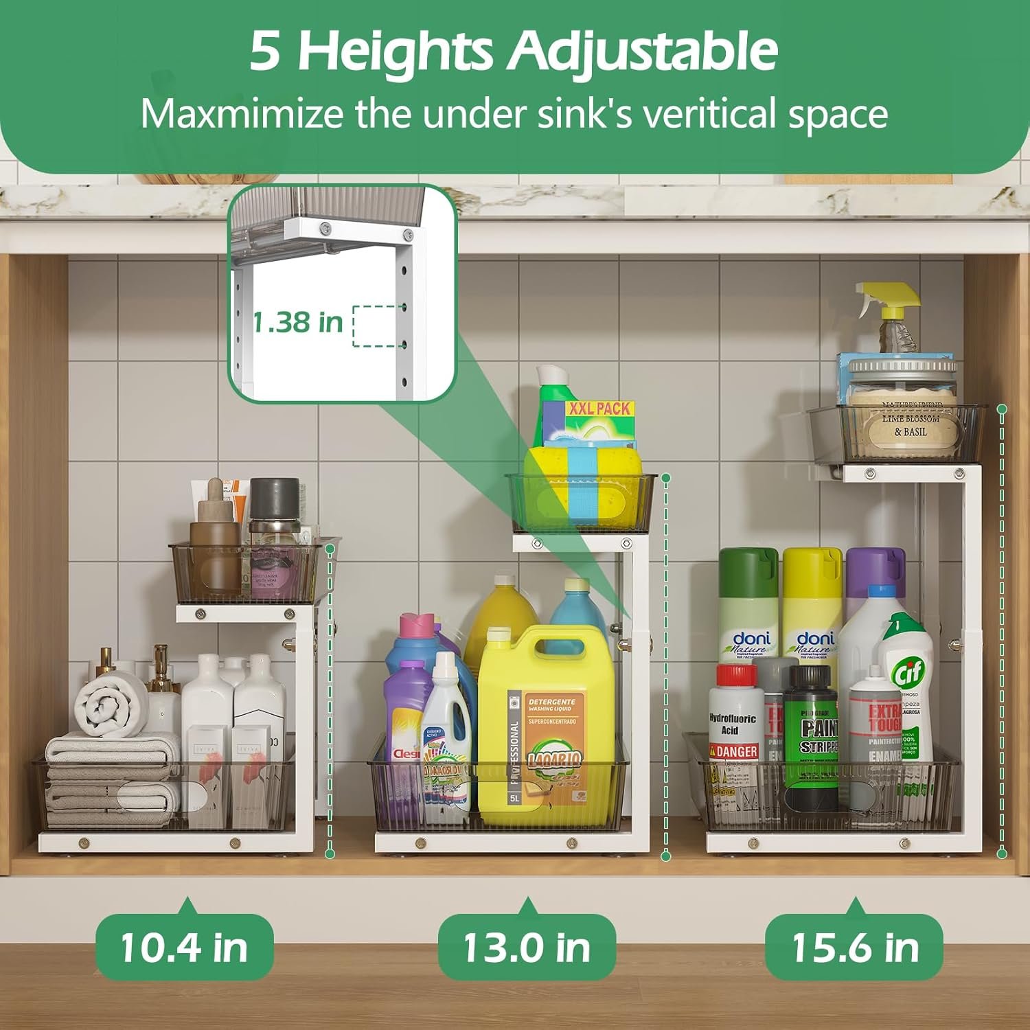 ADRIMER Under Sink Organizer 2 Packs, Pull Out Kitchen Sink Organizer Height Adjustable, 2 Tier Slide Out Kitchen Organizers and Storage Metal Cabinet Storage Shelf, Grey & White - Image 5