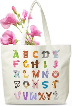Alphabet Canvas Tote Bag, Cute Libr...