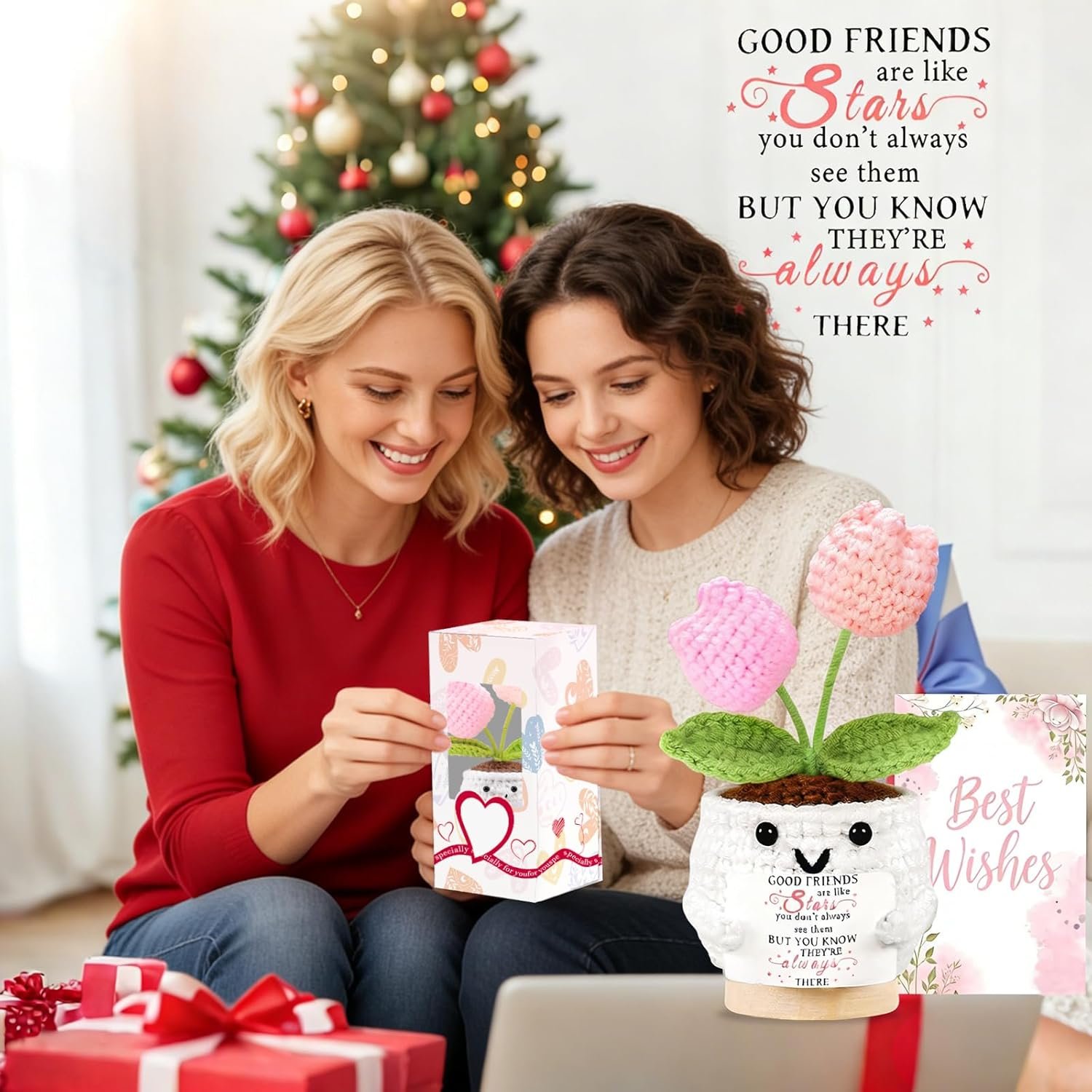 Friendship Gifts for Women Tulips Crochet Flowers Funny Small Christmas Birthday Gift for Women Personalized Friends,Colleague,Bestie Galentines Present Cute Stuff Desk Accessories - Image 6