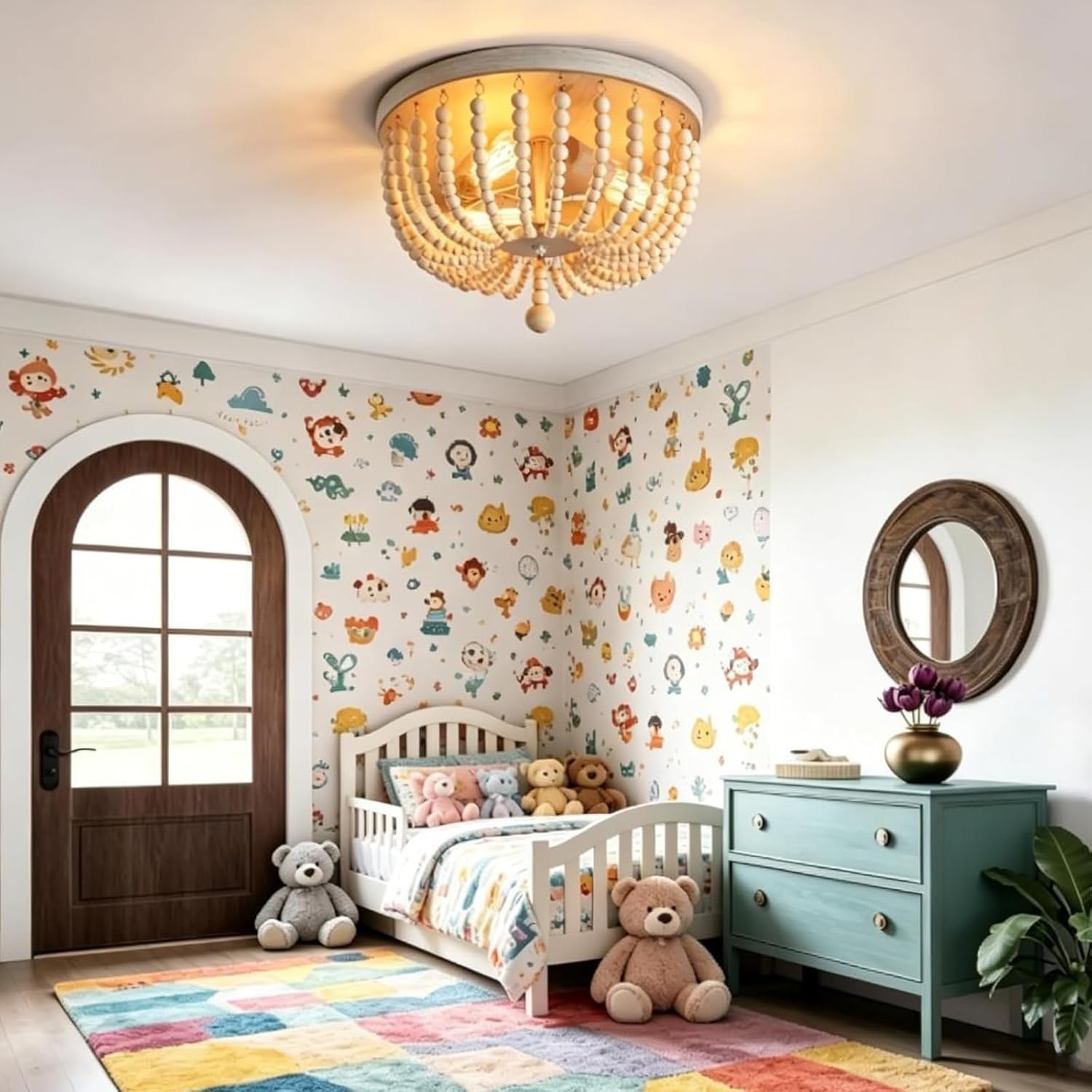 Q&S Wood Beaded Chandelier,Boho Farmhouse Light Fixture,Oak White,3 Lights,Semi Flush Mount Ceiling Light Fixtures for Hallway Baby's Nursery Bedroom Kitchen Living Room - Image 9