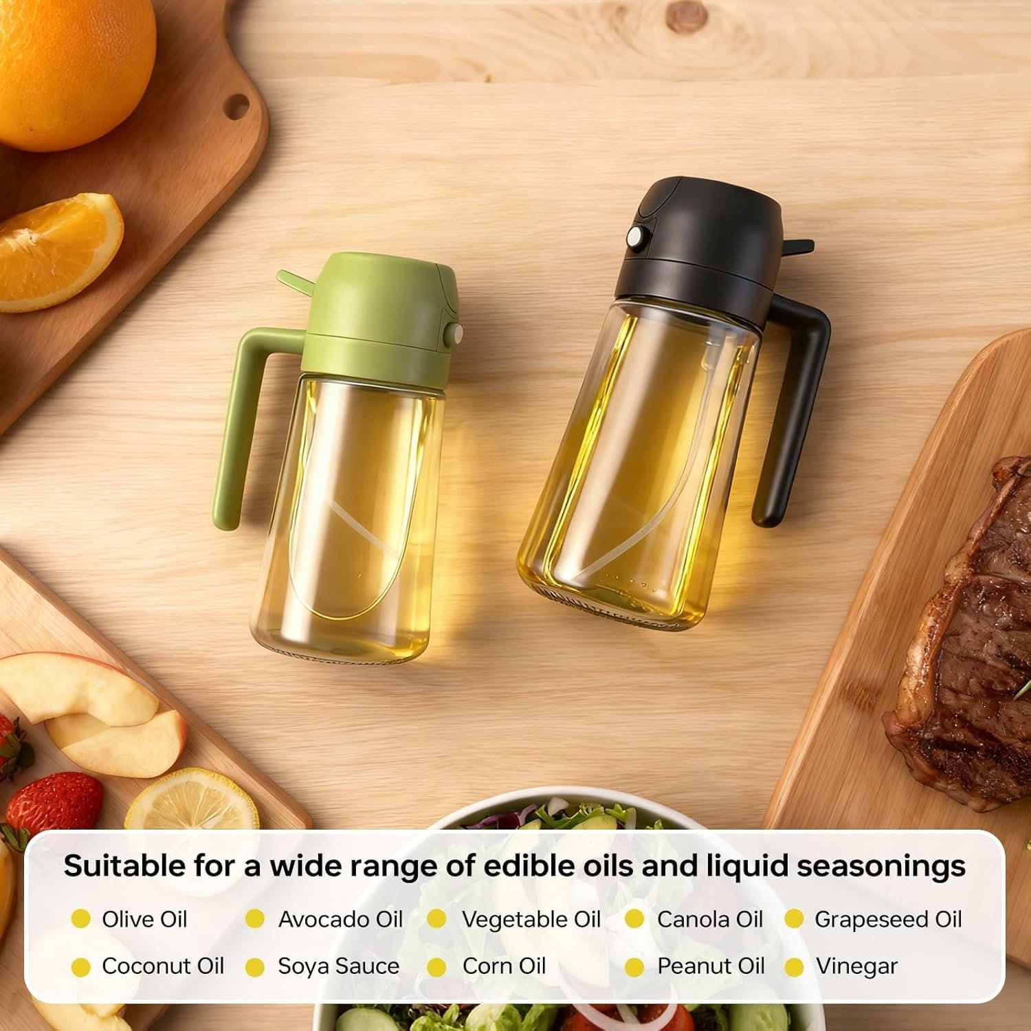 2Pack Glass Oil Sprayer for Cooking 16oz/470ml, 2 in 1 Oil Dispenser with Label Stickers & Portion Control, Kitchen Gadget for Air Fryer, Salad, BBQ, Frying(Black+Green) - Image 5