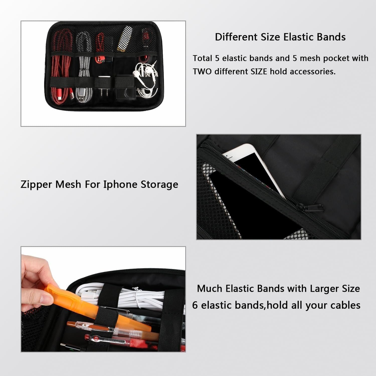 MATEIN Electronics Travel Organizer, Water Resistant Cable Organizer Bag with Handle, Portable Electronic Accessories Case for Men Double Layer Cable Storage Bag for Cord, Charger, iPad mini, Black - Image 4
