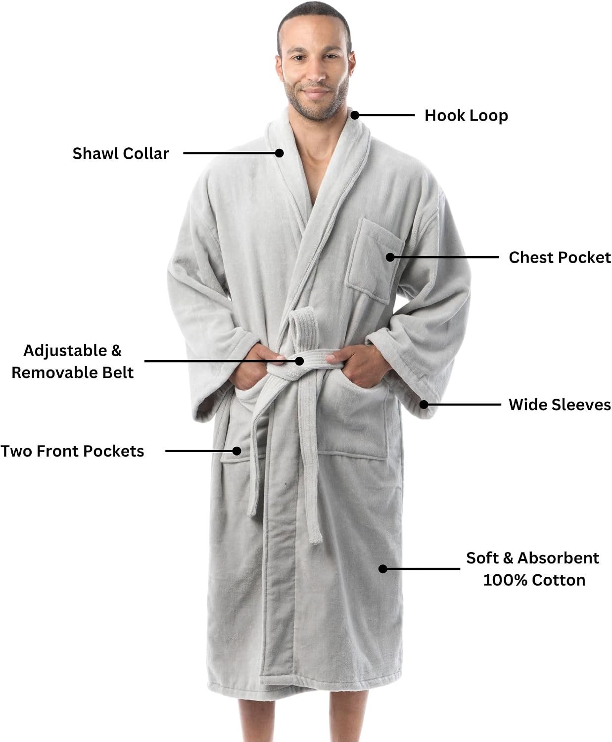 Alpine Swiss Pure Cotton Mens Terry Cloth Bathrobe Super Absorbent Spa Robe - Image 2