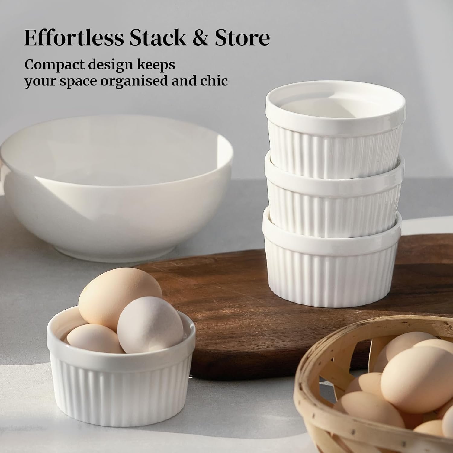 DOWAN Ramekins 6 oz Ceramic Ramekins Set of 6, Oven Safe Souffle Dishes for Air Fryer Baking, Mini Round Baking Cups for Creme Brulee, Dipping Sauces, Desserts and Prep Bowls, White - Image 7