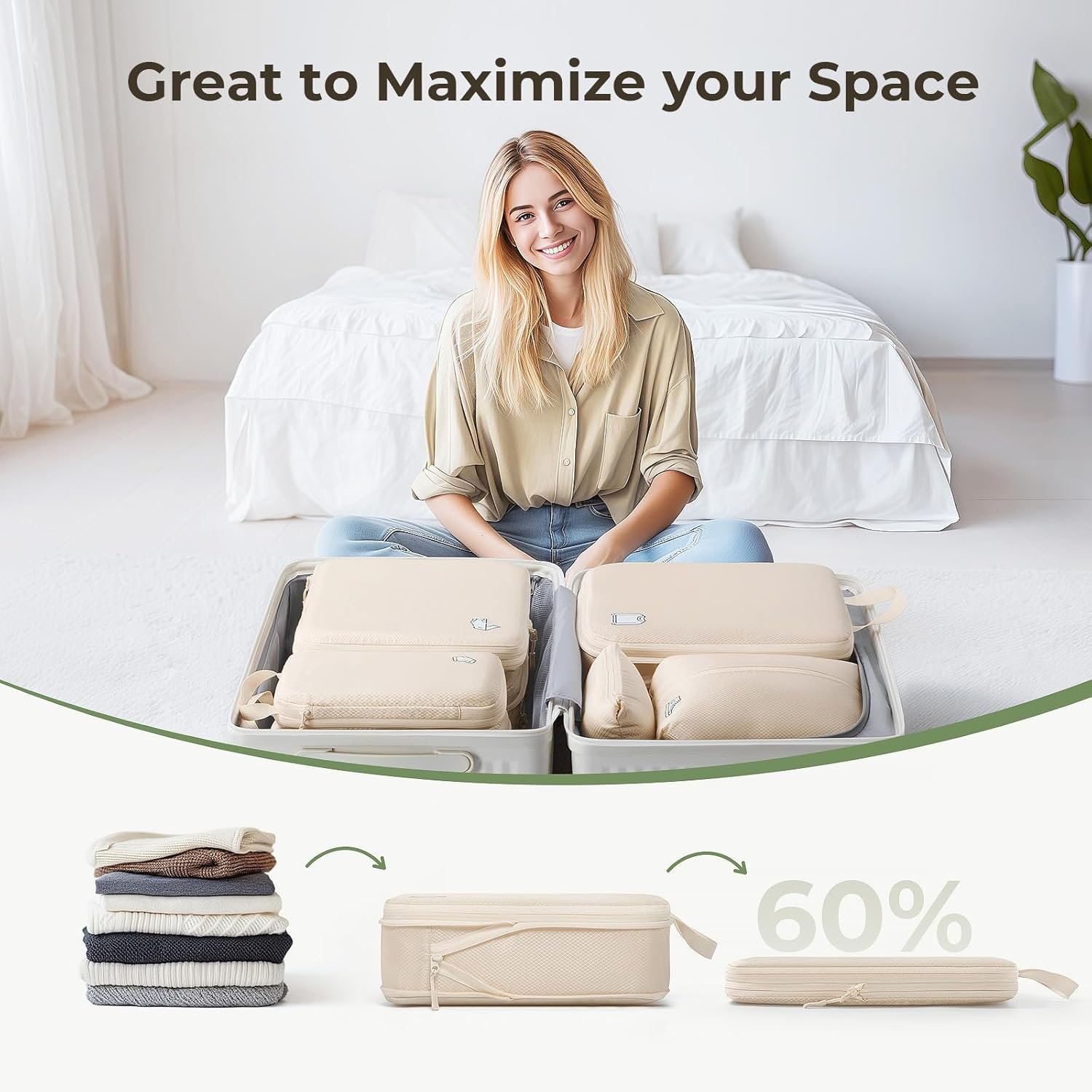 Samfolk Compression Packing Cubes for Suitcases, Ultralight Packing Cubes for Backpack Waterproof Luggage Packing Organizers Expandable Packing Cubes for Travel Accessories and Essentials 8 Set Beige - Image 2