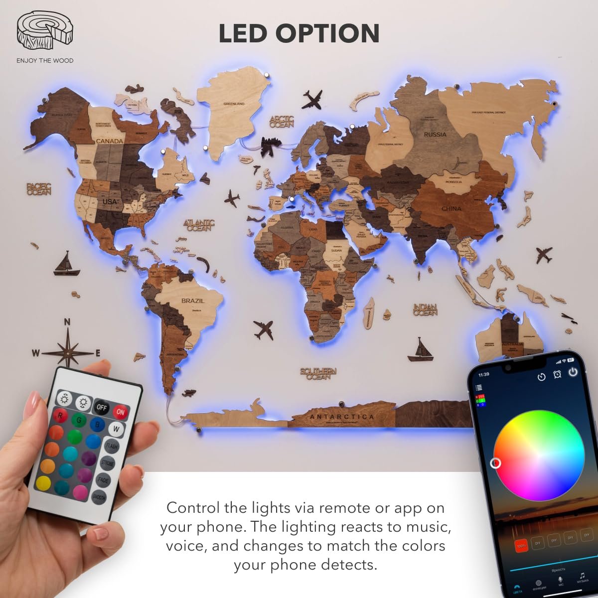 Enjoy The Wood 3D LED 3.0 Wood World Map Wall Art Modern Home Decor Gifts LED Lighting Wall Decor Housewarming Gift Idea Travel Wooden Maps Pinboard with Backlighting (Wall Art) - Image 5