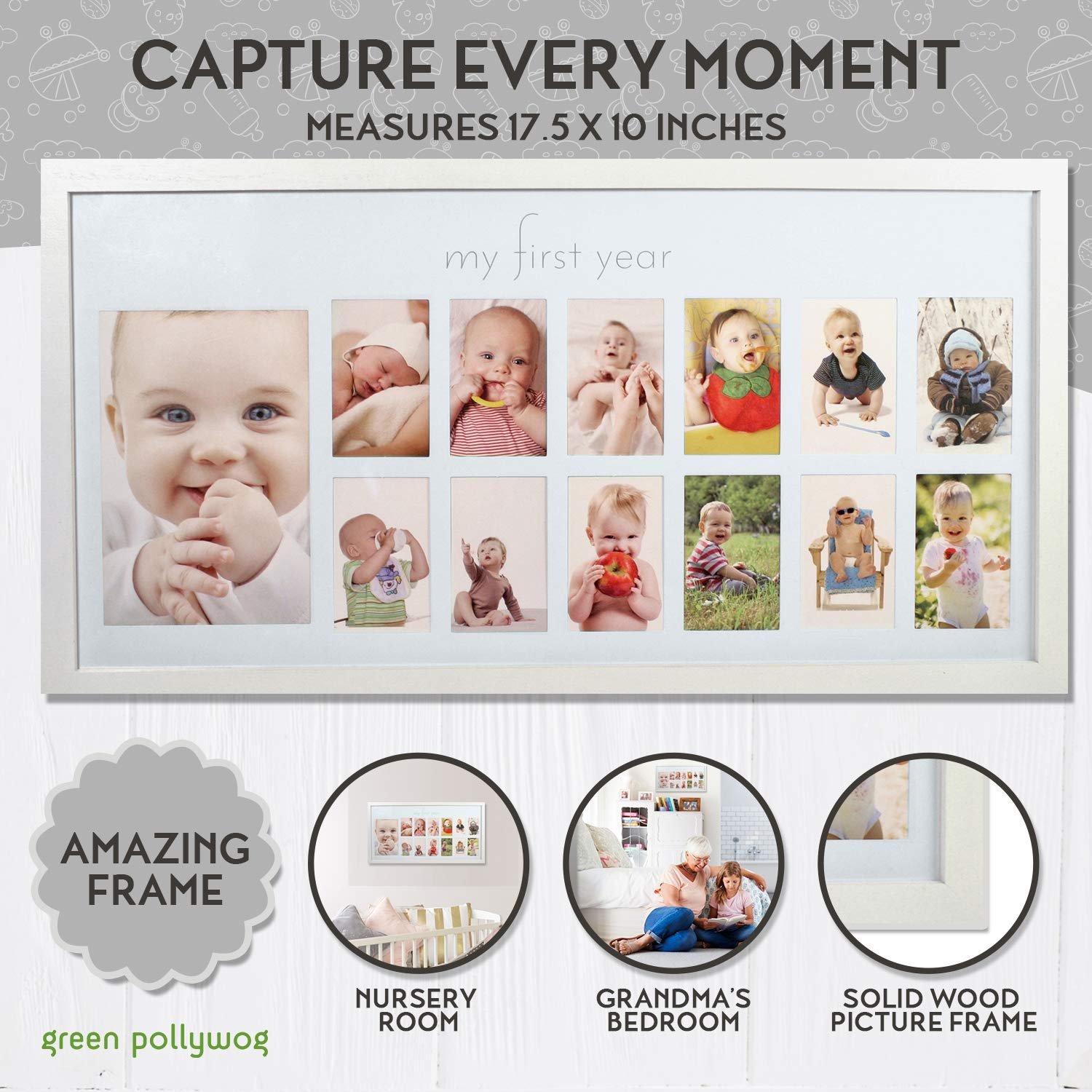 Green Pollywog | Baby's First Year Frame | Collage Frame For Baby In White | 12 Month Picture Frame | Milestone Photos | First Year Picture Mat | My First Year Photographs - Image 4