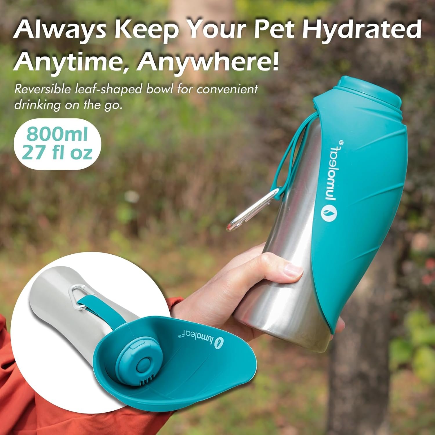 LumoLeaf Portable Dog Water Bottle 800 ml, Stainless Steel Pet Travel Water Bottle Dispenser for Walking, Hiking and Outdoor, Portable Water Bowl for Large Dogs (Blue) - Image 6