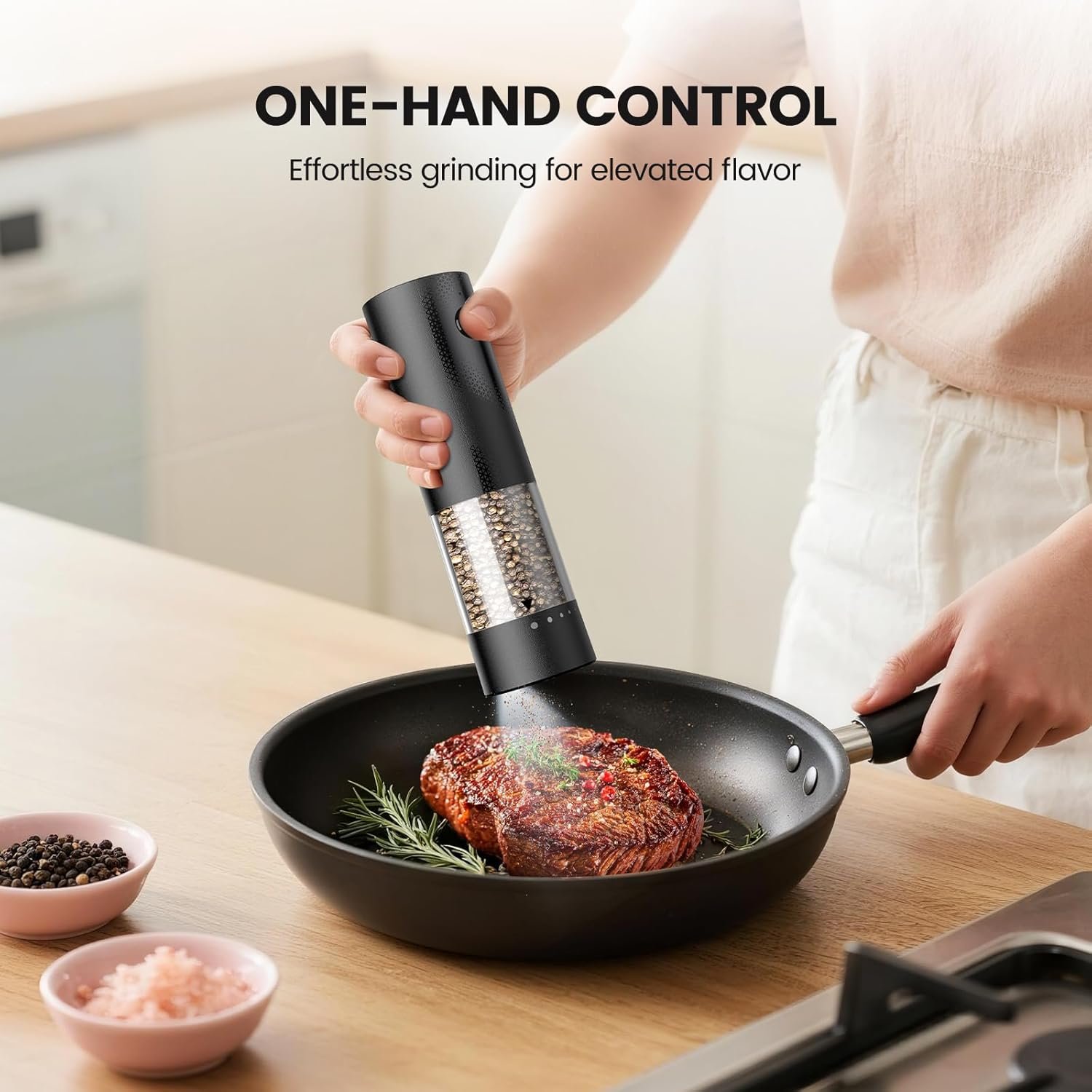 Electric Salt and Pepper Grinder Set - Rechargeable Automatic Salt and Pepper Shakers, Kitchen Appliances with External Adjustable Coarseness, Larger Hopper for Cooking, Home Gifts(2 Pack,Black/Black) - Image 7