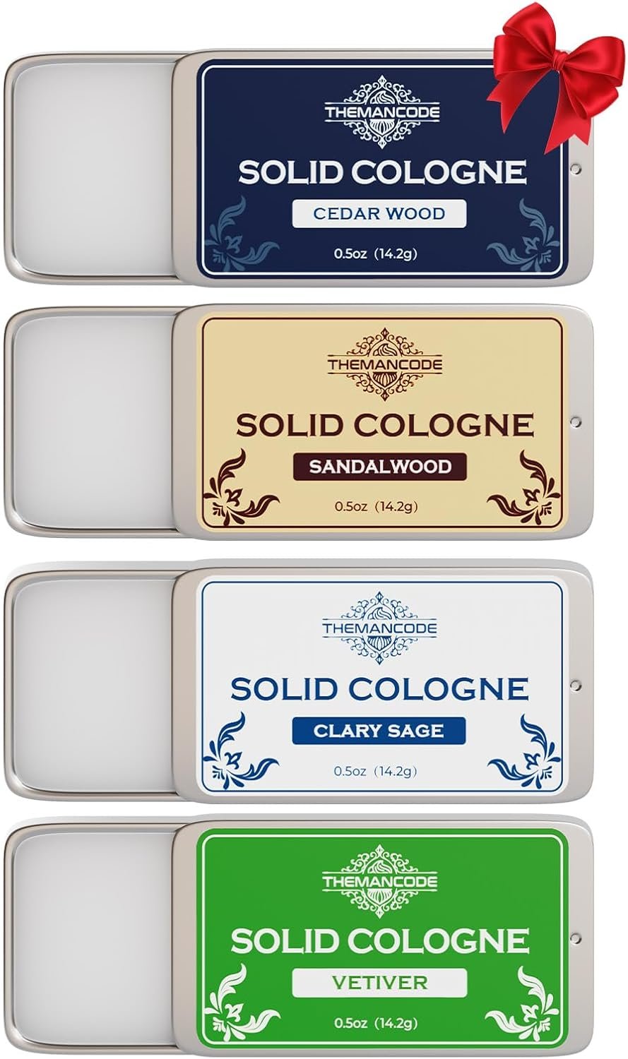 THEMANCODE Solid Cologne Men, Fathers Day Gift Ideas for Men, Cadeau pour Homme, Travel Essentials Sandalwood, Vetiver, Cedarwood, Sage Scents, 0.5 oz Each, Pack of 4